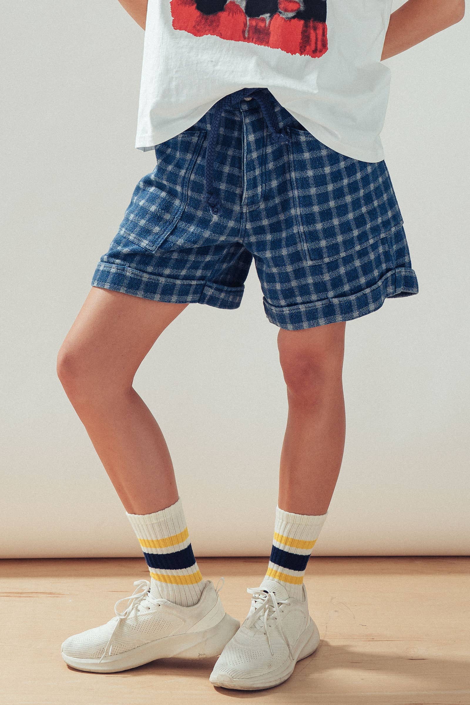 Urban Daizy Plaid Cotton Blend Shorts Rope Drawstring Blue Shorts - Women's (UDZ-PT-00480) – alternate view 4