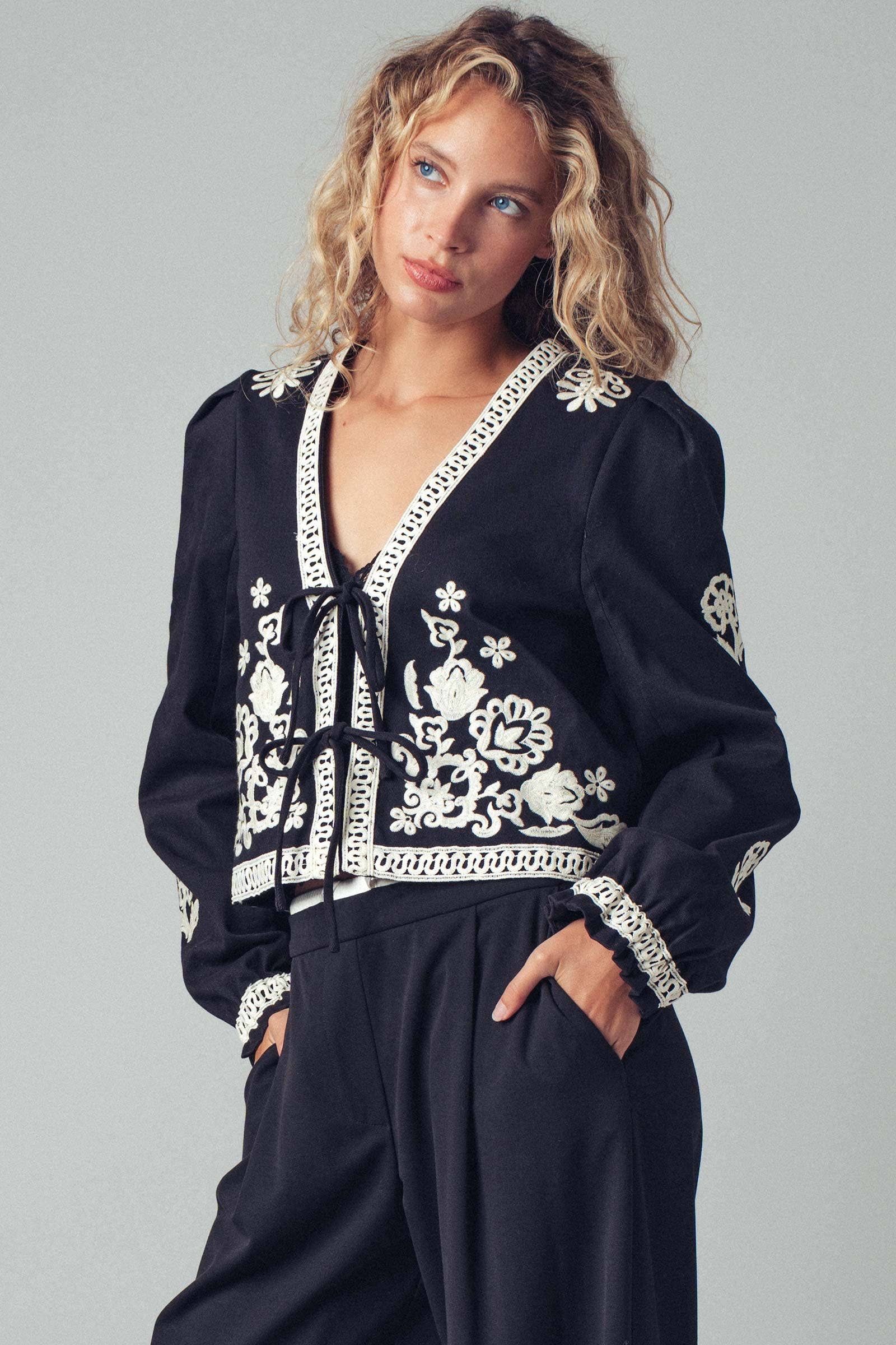 Urban Daizy Embroidered Boho Tie Neck Blouse Ecru Blouse - Women's (UDZ-OT-00357) – alternate view 3