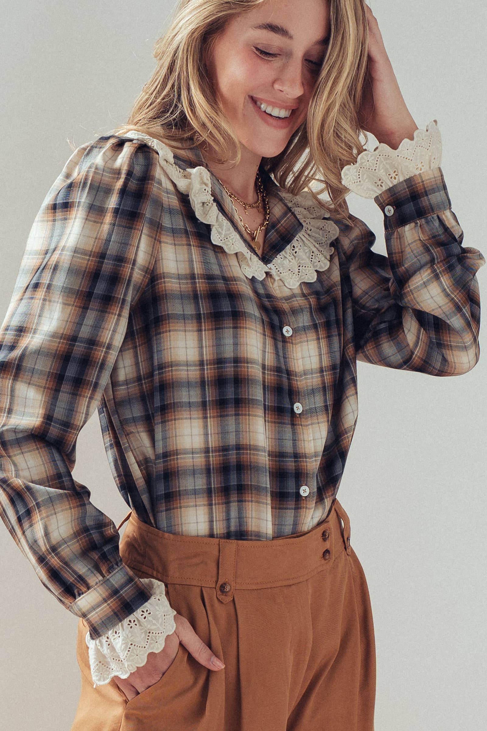 Tencel Plaid Blouse With Eyelet Lace Collar