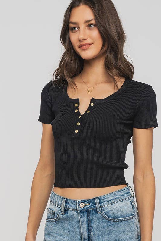 Urban Daizy Ribbed Scoop Neck Henley Cropped Summer Top Blue Knit Top - Women's (UDZ-TP-00758) – alternate view 10