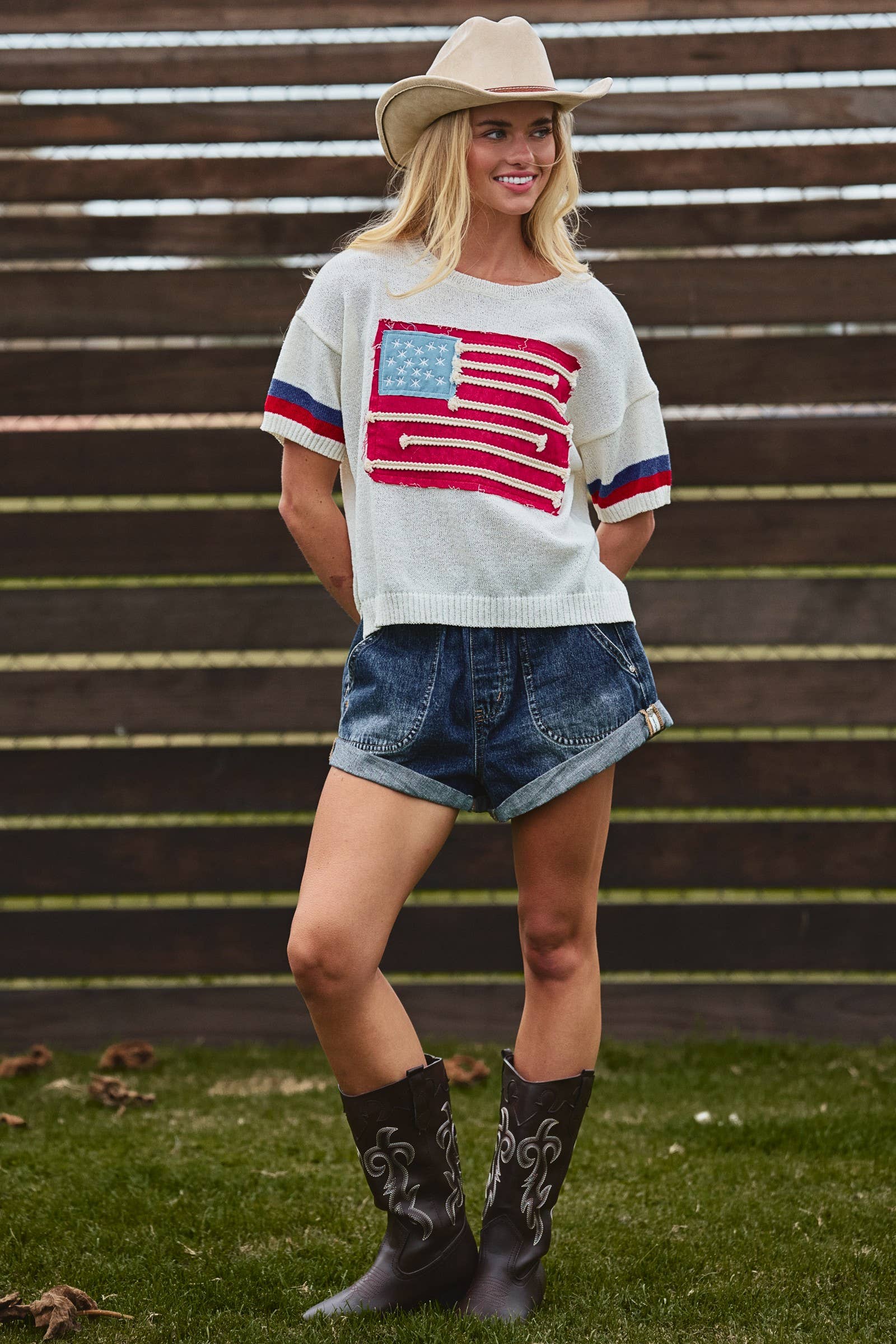 Flag Applique Knit Sweater with Stripe Cuffs