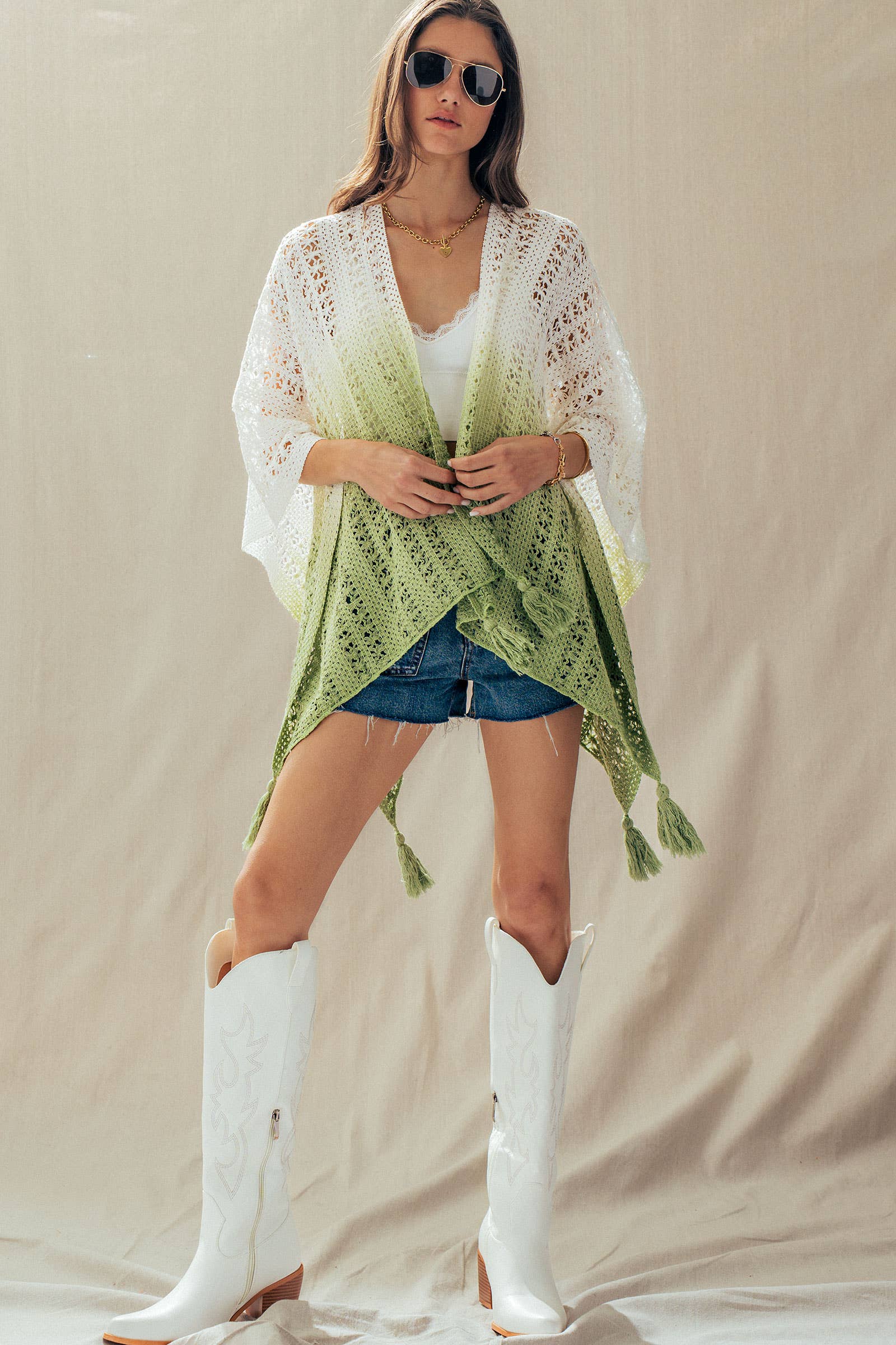 Urban Daizy Ombre Crochet Knit Poncho Tassel Cover-Up Sage Poncho - Women's (UDZ-OT-00492) – alternate view 24