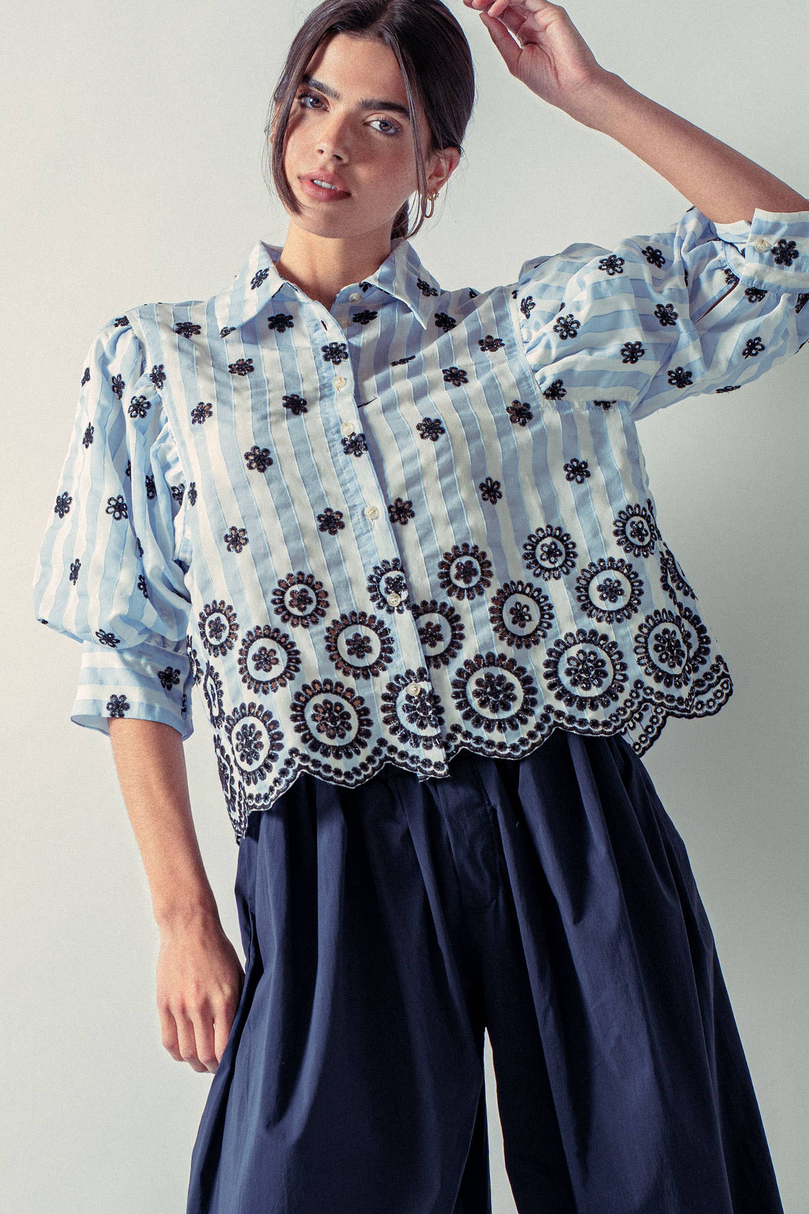 Urban Daizy Striped Floral Embroidered Scallop Blouse Olive Button Down Shirt - Women's (UDZ-TP-00953) – alternate view 22