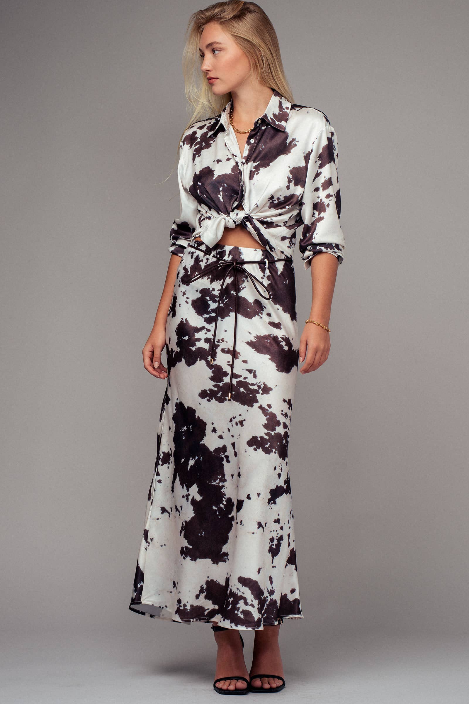 Urban Daizy Cowhide Print Satin Drawstring Midi Skirt Black Skirt - Women's (UDZ-DR-00390) – alternate view 14