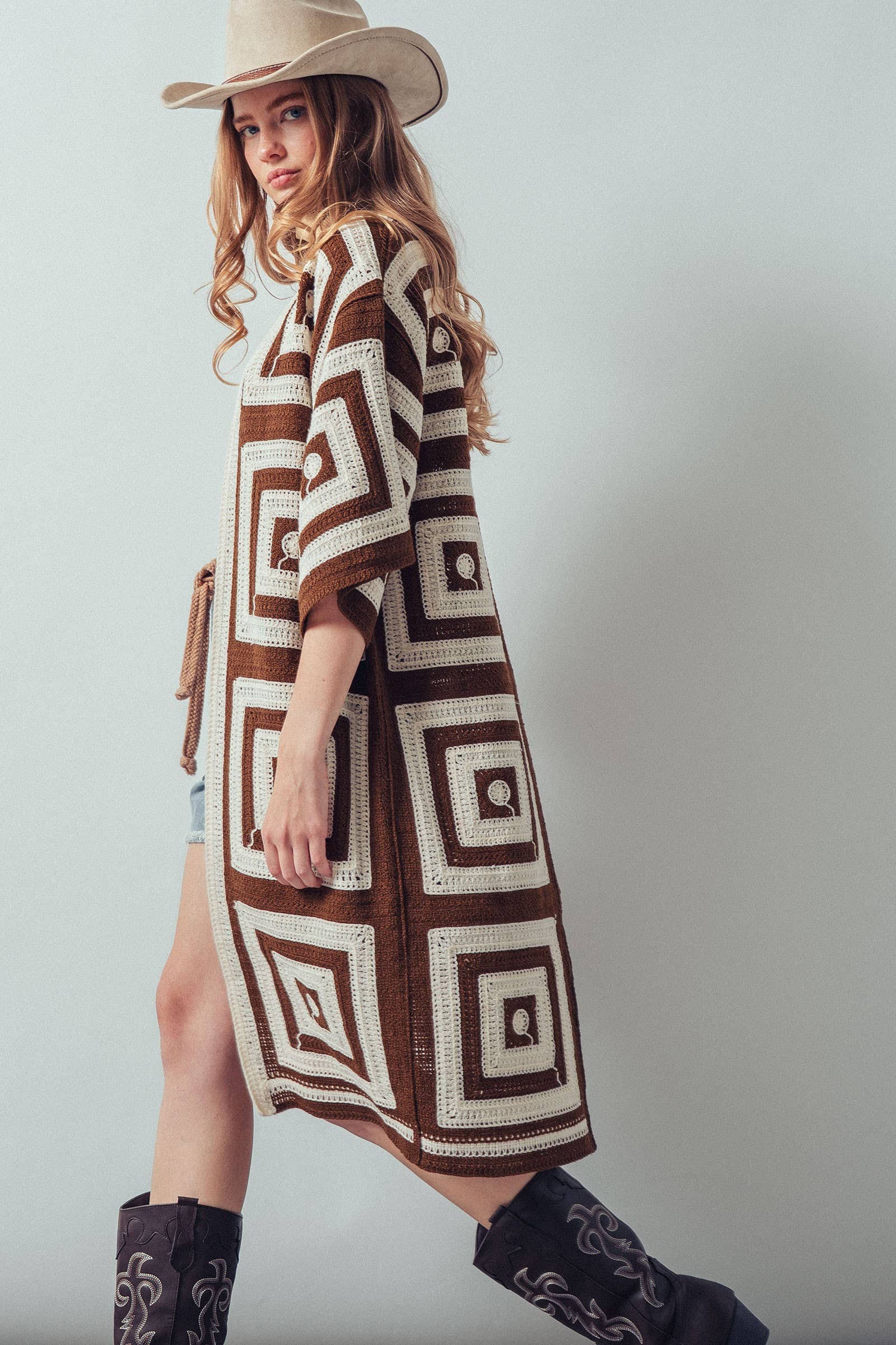 Geometric Granny Square Crochet Open Front Cardigan