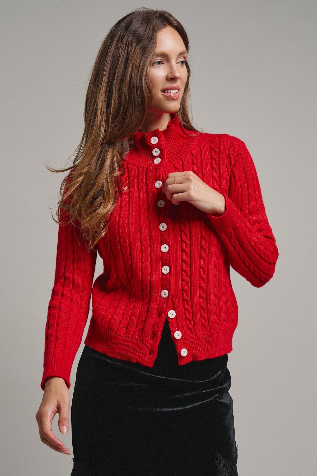 Cable Knit Mock Neck Button-Front Cardigan in RED - Women's Sweaters | Urban Daizy