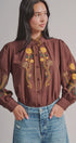 Embroidered Ruffle Neck Blouse in Western Folk Style in BROWN - Women's Shirts & Blouses | Urban Daizy
