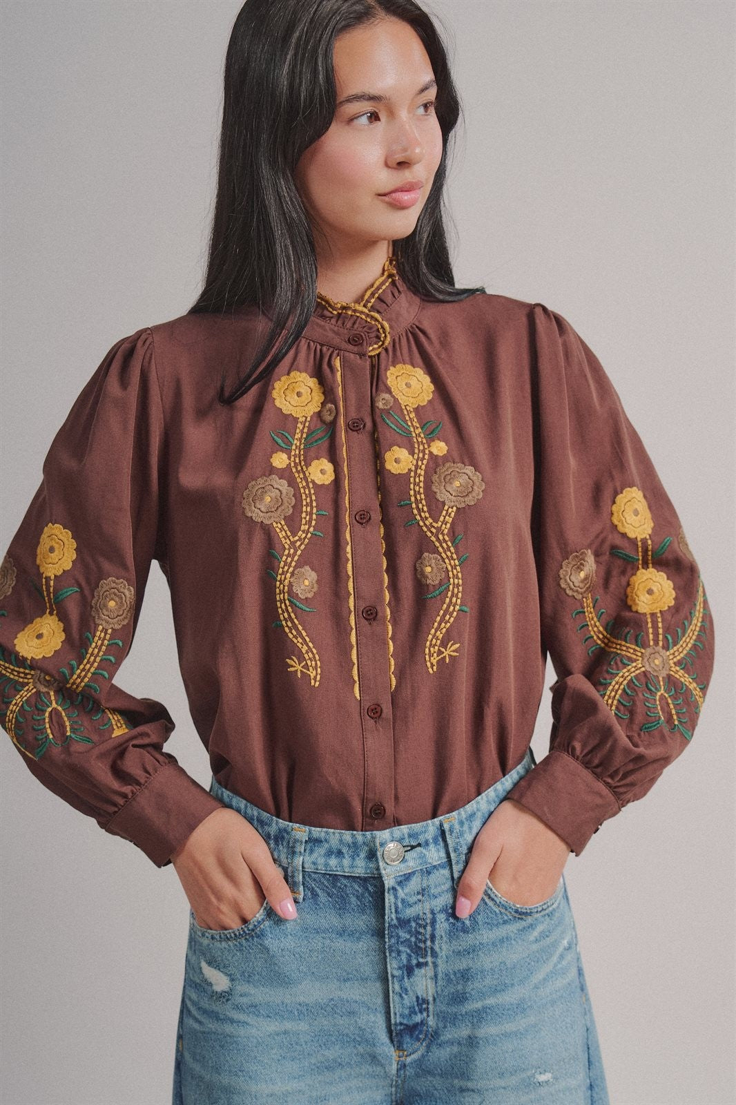 Embroidered Ruffle Neck Blouse in Western Folk Style in BROWN - Women's Shirts & Blouses | Urban Daizy