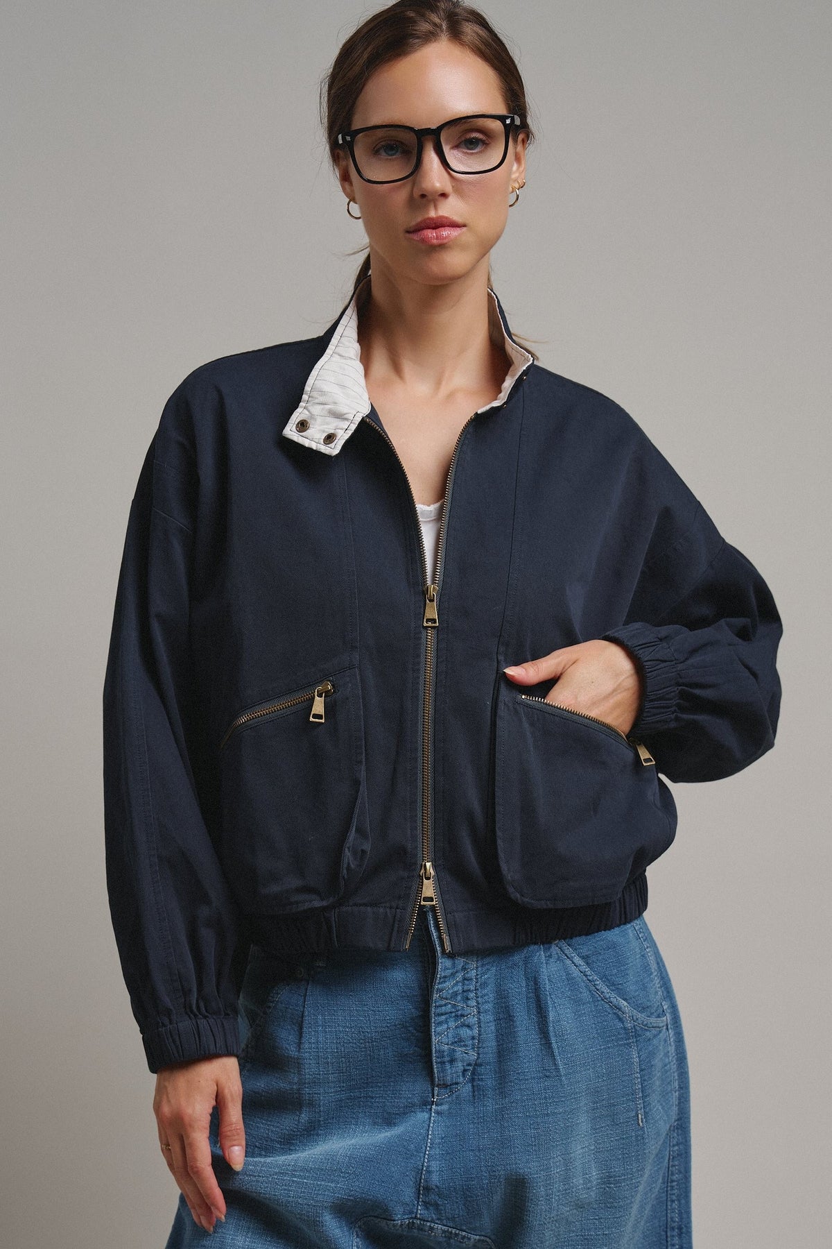 Cropped Zip Bomber Jacket in NAVY - Women's Jackets & Blazers | Urban Daizy