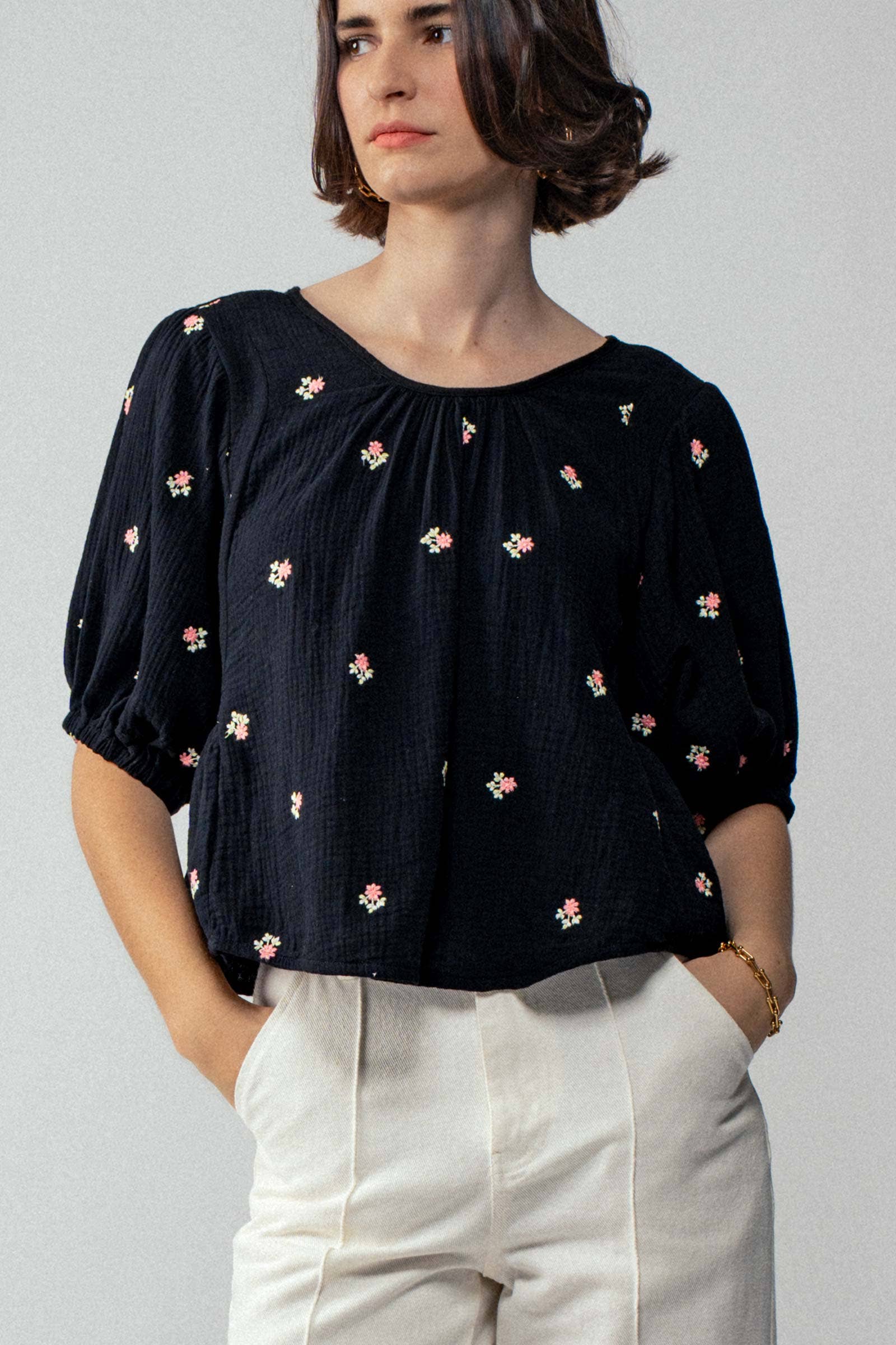 Urban Daizy Floral Embroidered Gauze Blouse Black Blouse - Women's (UDZ-TP-00728)