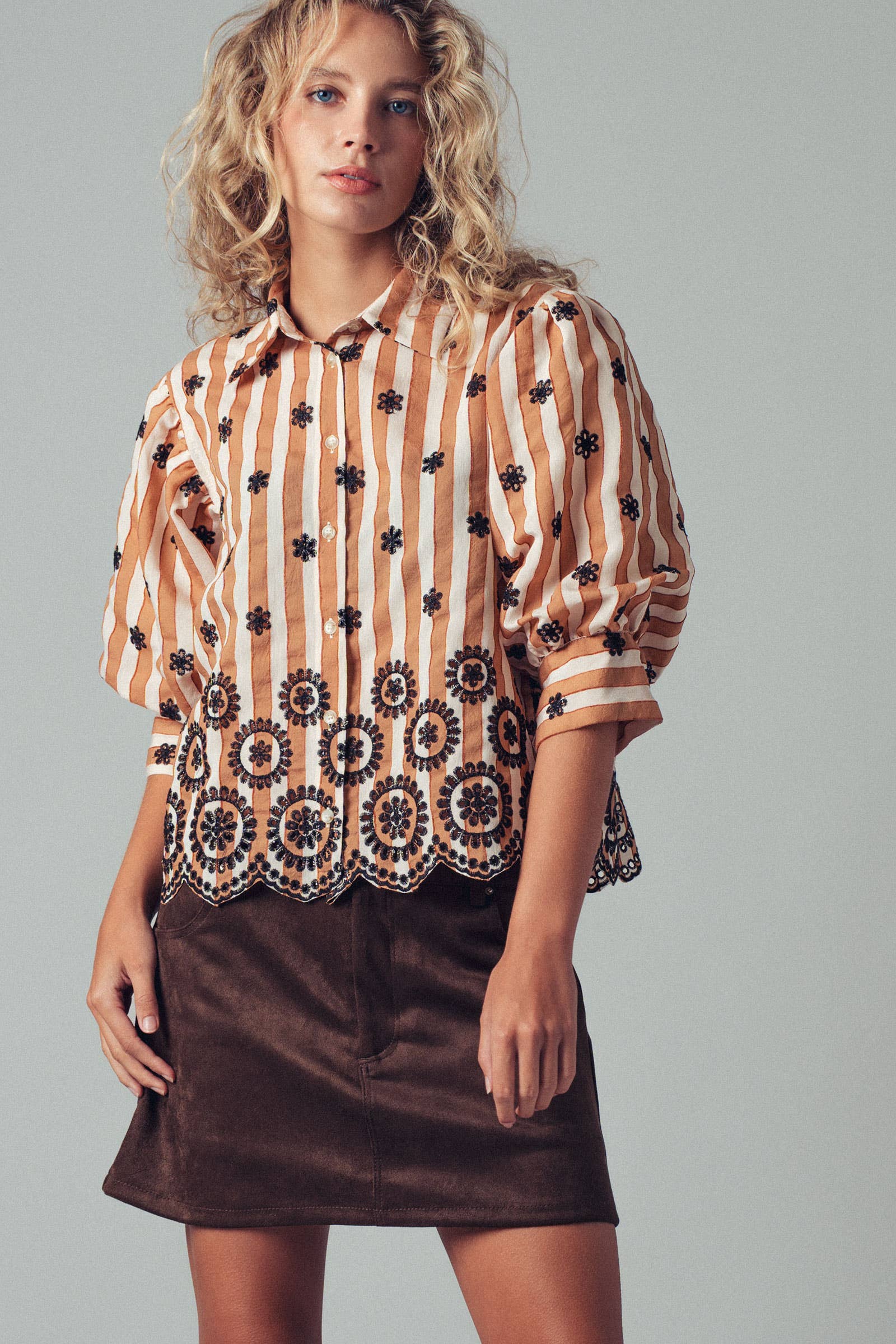 Urban Daizy Striped Floral Embroidered Scallop Blouse Olive Button Down Shirt - Women's (UDZ-TP-00953) – alternate view 17