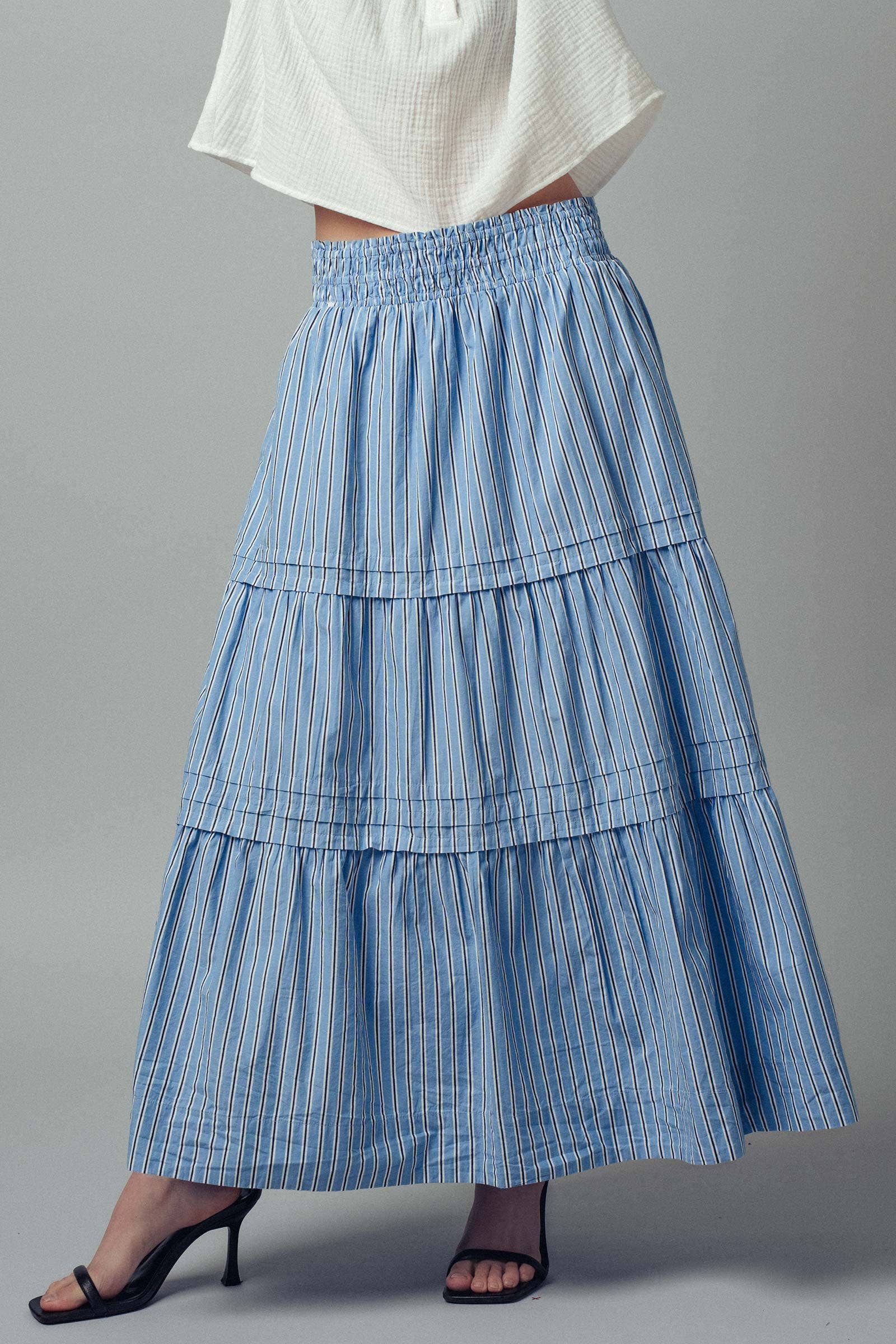 Striped Cotton Tiered Smocked Maxi Skirt