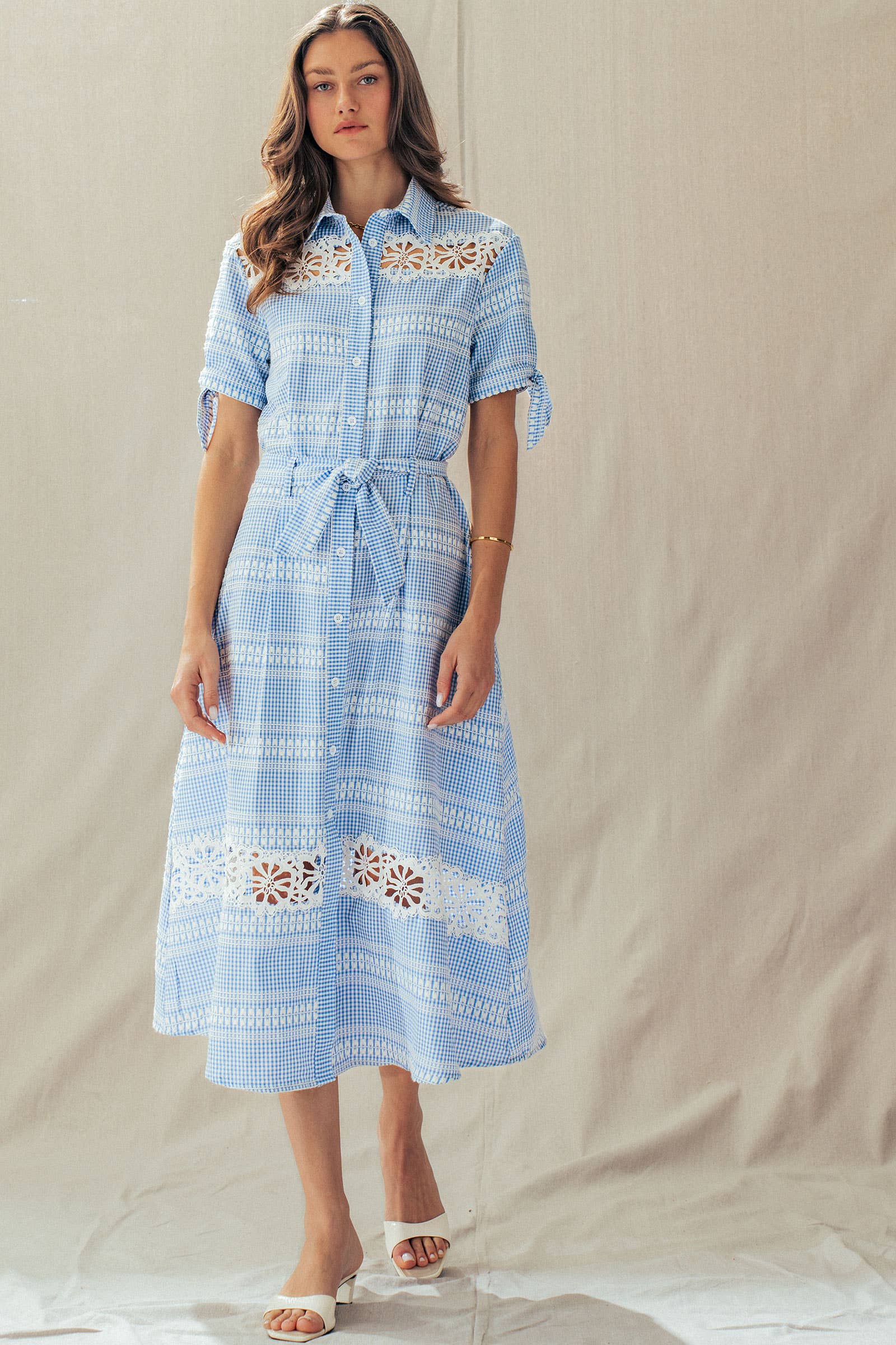 Gingham Cotton Shirt Dress Eyelet Embroidery