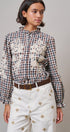 Floral Embroidered Gingham Blouse in Romantic Prairie Style in BROWN NAVY - Women's Graphic T-shirts | Urban Daizy