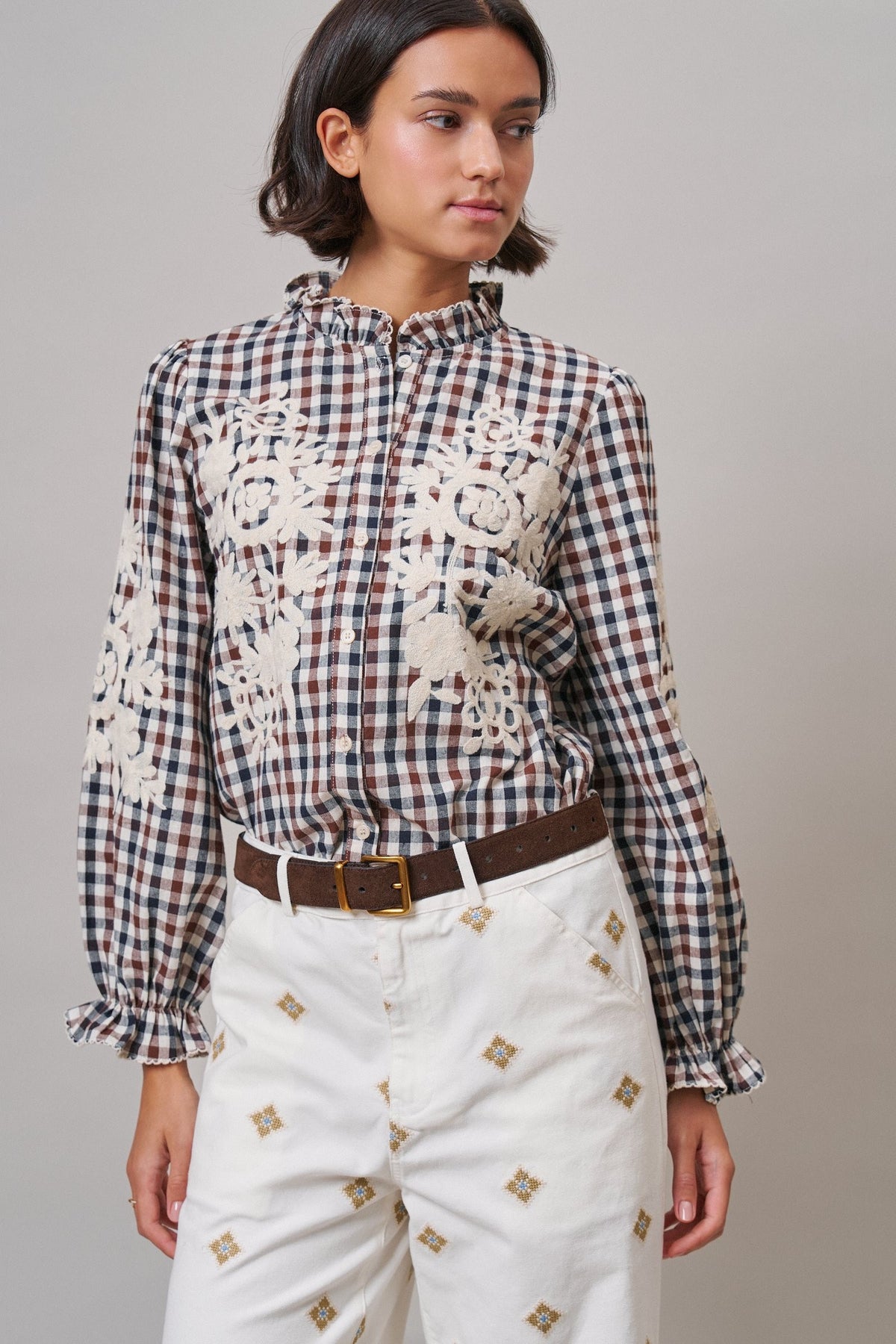 Floral Embroidered Gingham Blouse in Romantic Prairie Style in BROWN NAVY - Women's Graphic T-shirts | Urban Daizy
