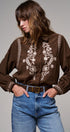 Embroidered Corduroy Western Shirt with Floral Stitch in BROWN - Women's Shirts & Blouses | Urban Daizy