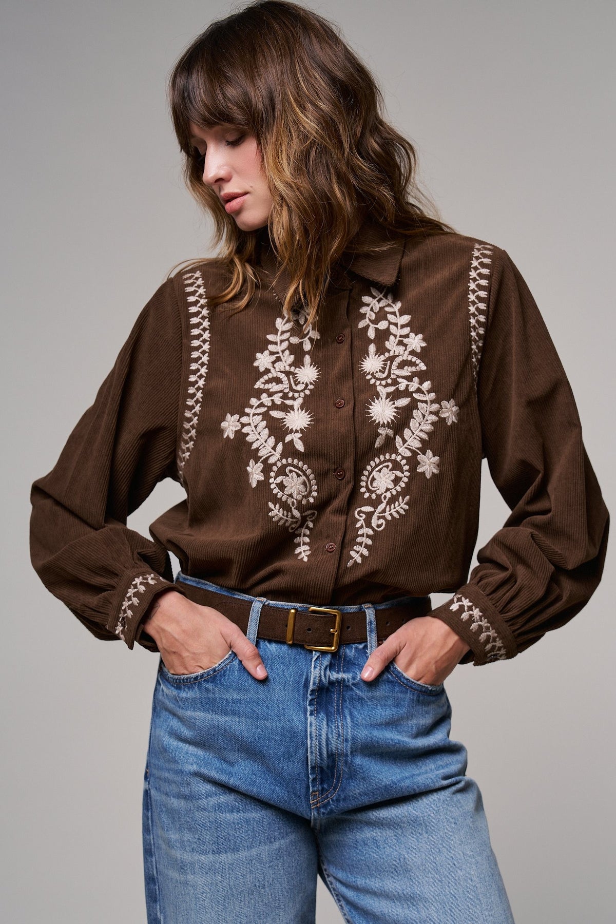Embroidered Corduroy Western Shirt with Floral Stitch in BROWN - Women's Shirts & Blouses | Urban Daizy