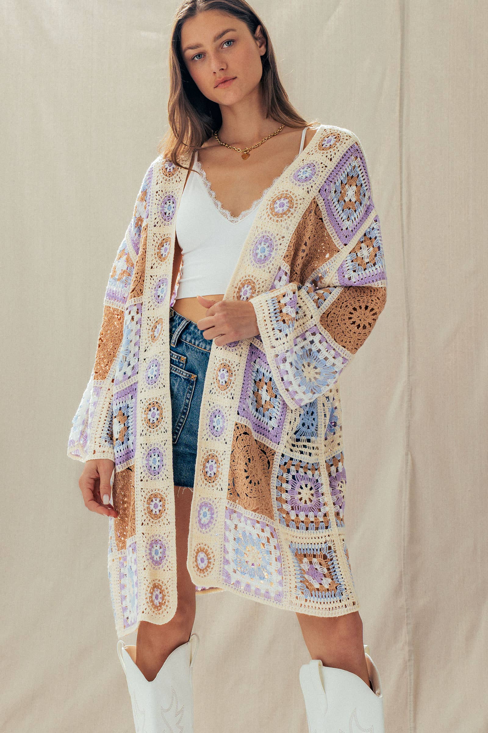 Granny Square Crochet Patchwork Duster Cardigan