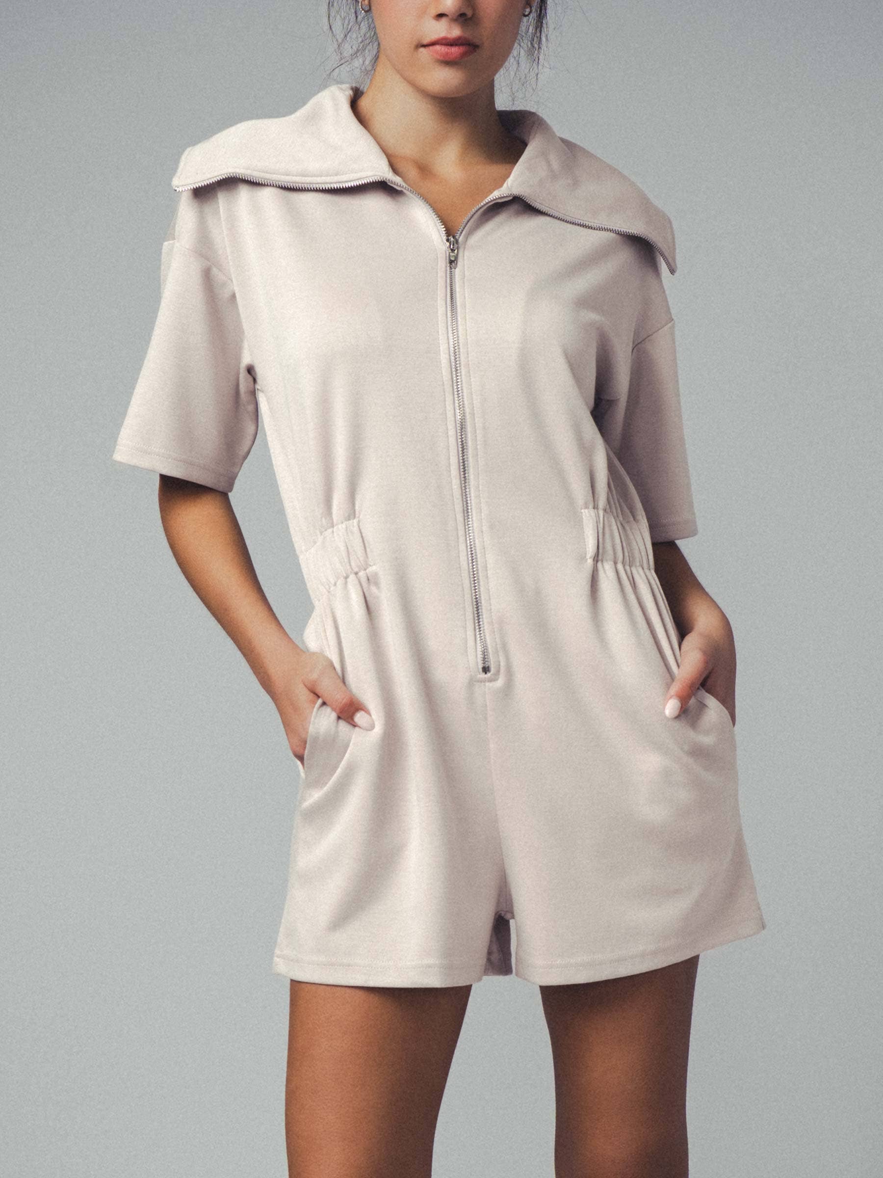 Knit Zipped Romper with Cinched Waist
