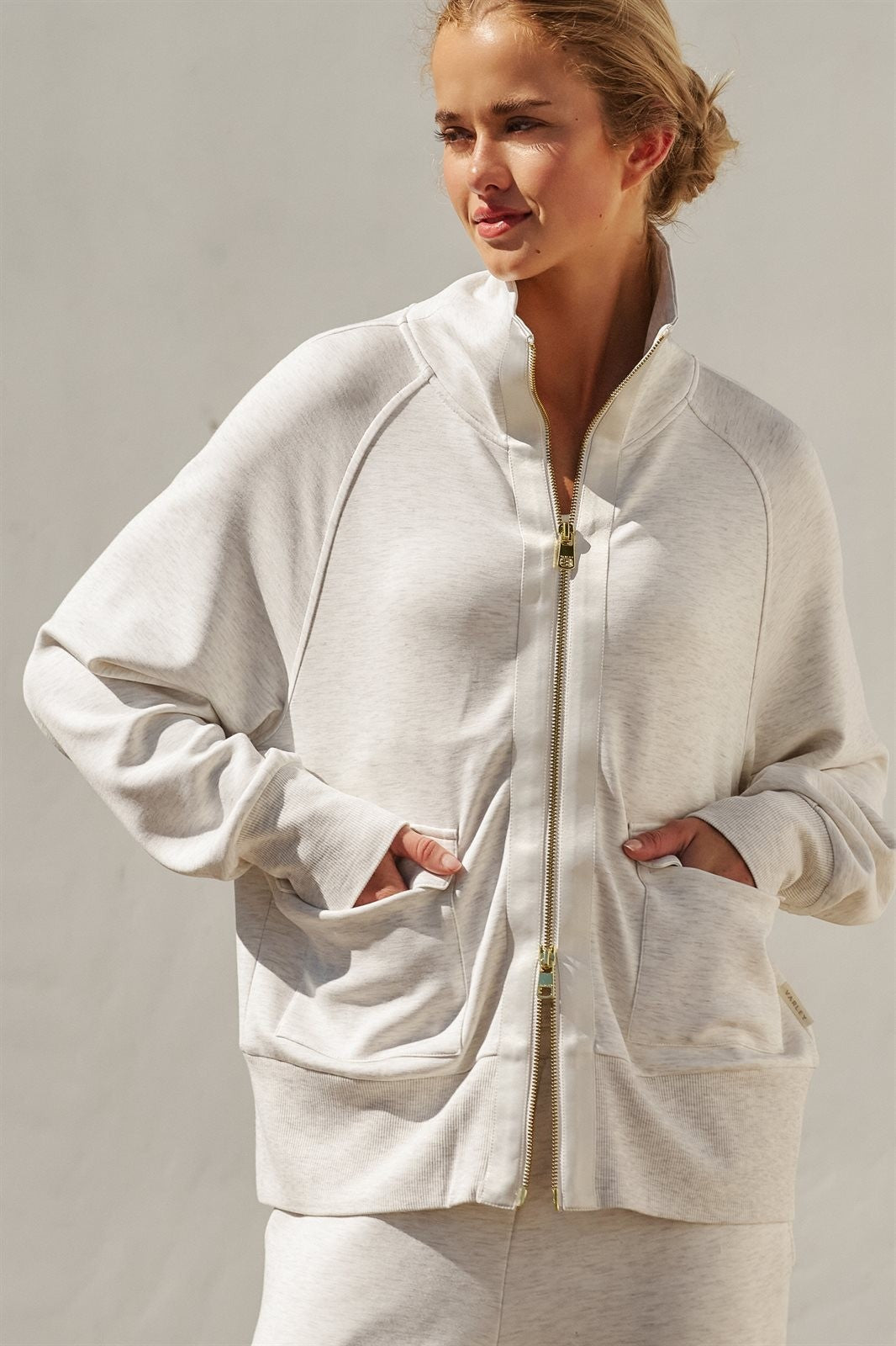 Scuba Zip Up Track Bomber Jacket Pilates Athflow for Women in WHITE MELANGE - Women's Jackets & Blazers | Urban Daizy
