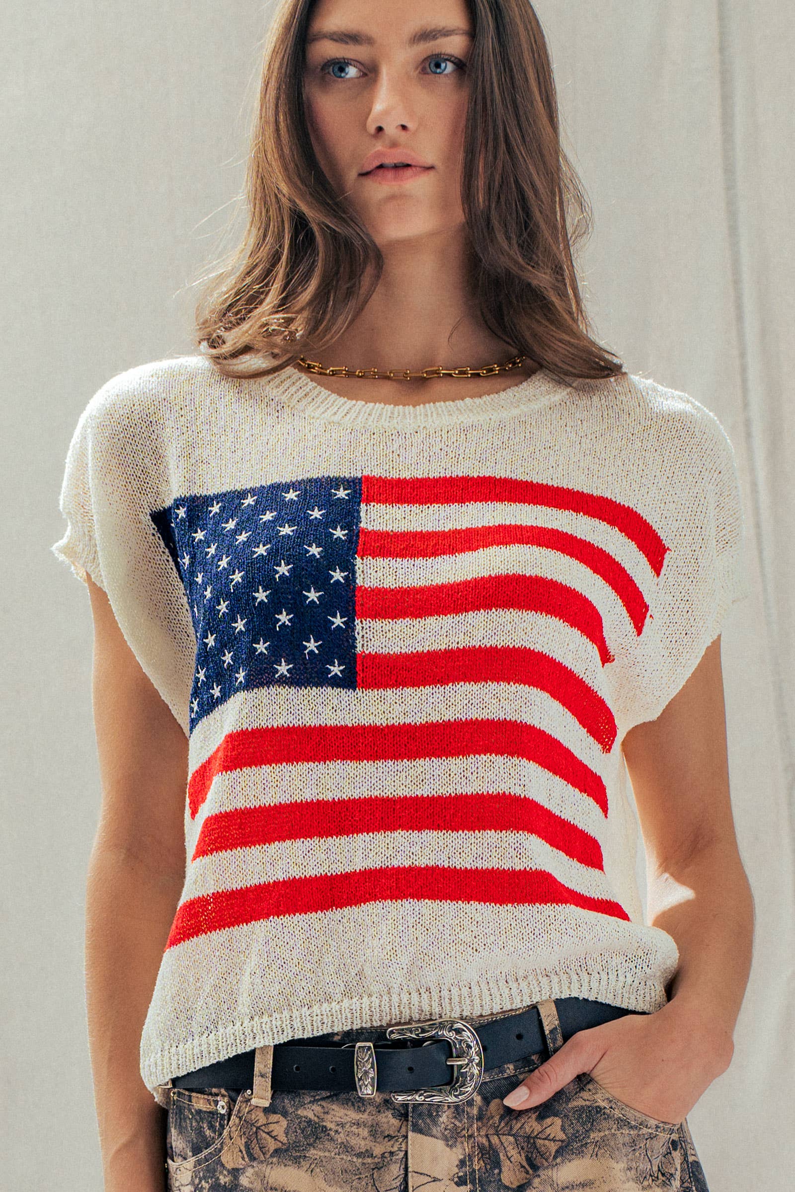 American Flag Graphic Knit Patriotic Top