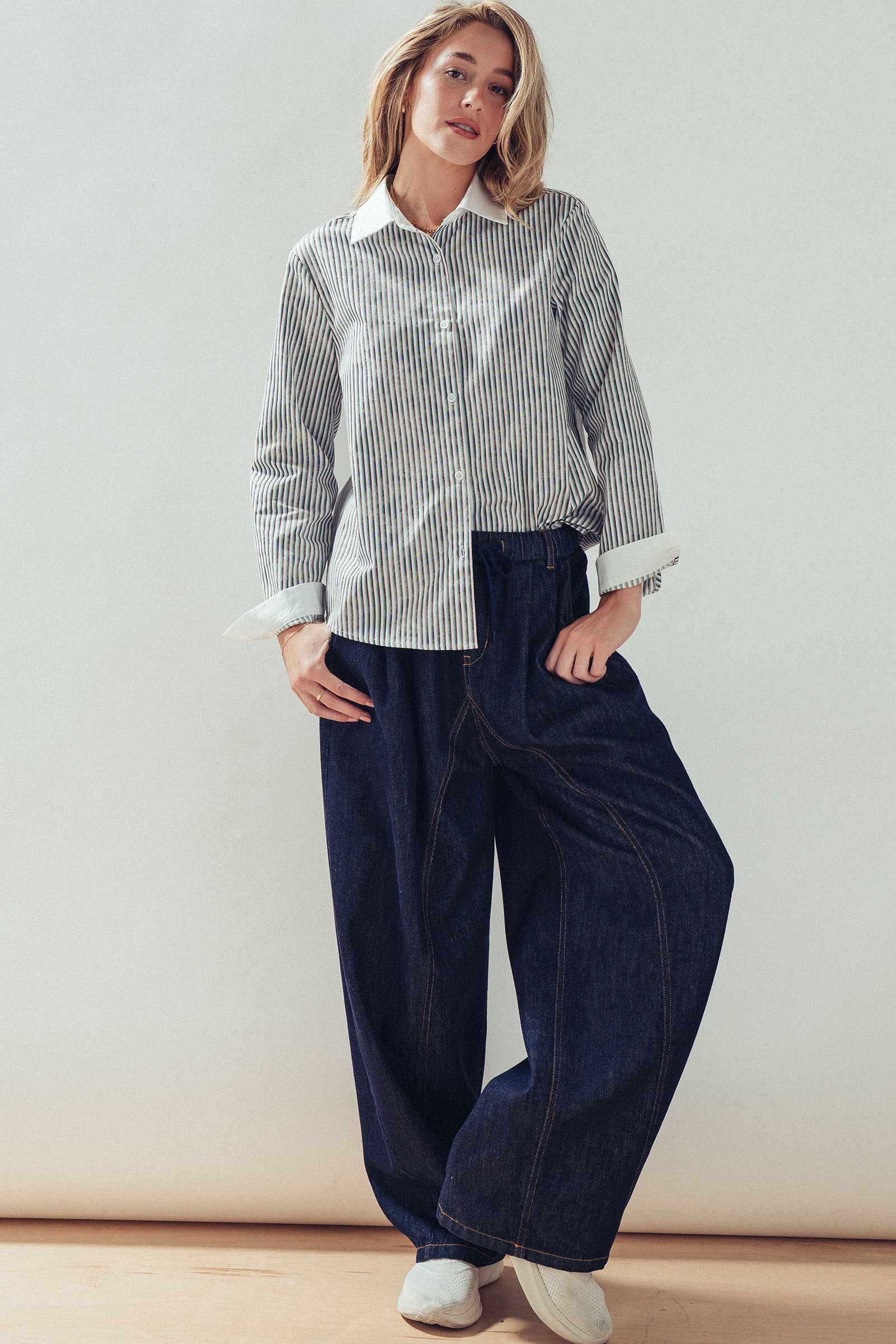 Contrast Collar Multi Stripe Button Down Shirt