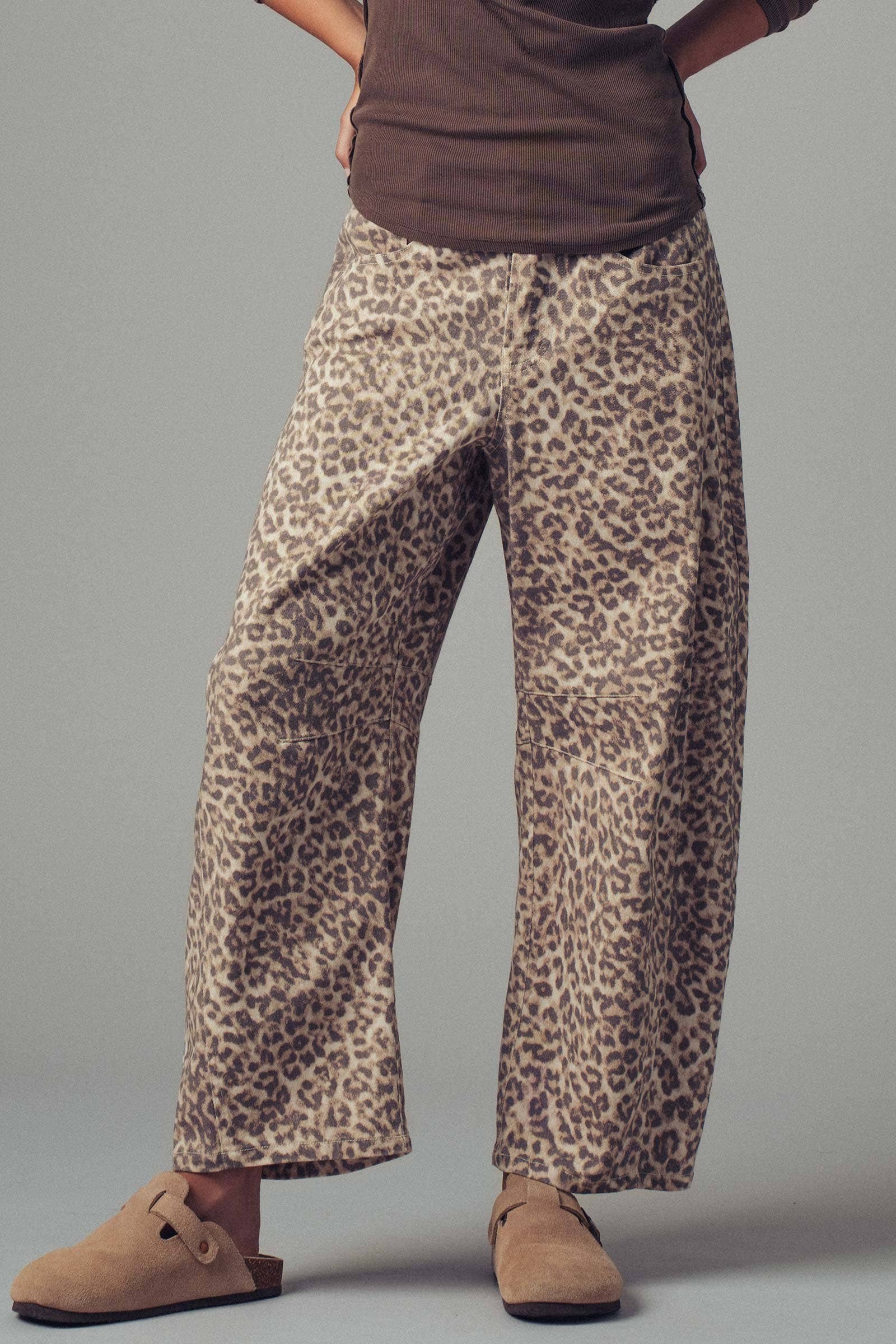 Leopard Print Stitch Detail Barrel Jeans