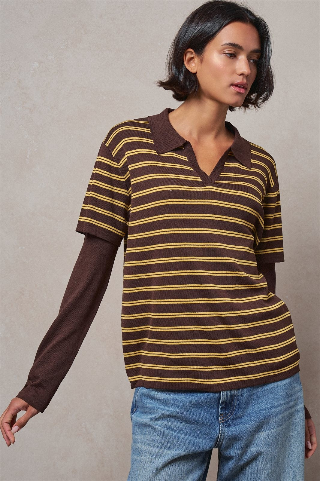 Striped Collared Layered Polo Top in BROWN - Women's Sweaters | Urban Daizy