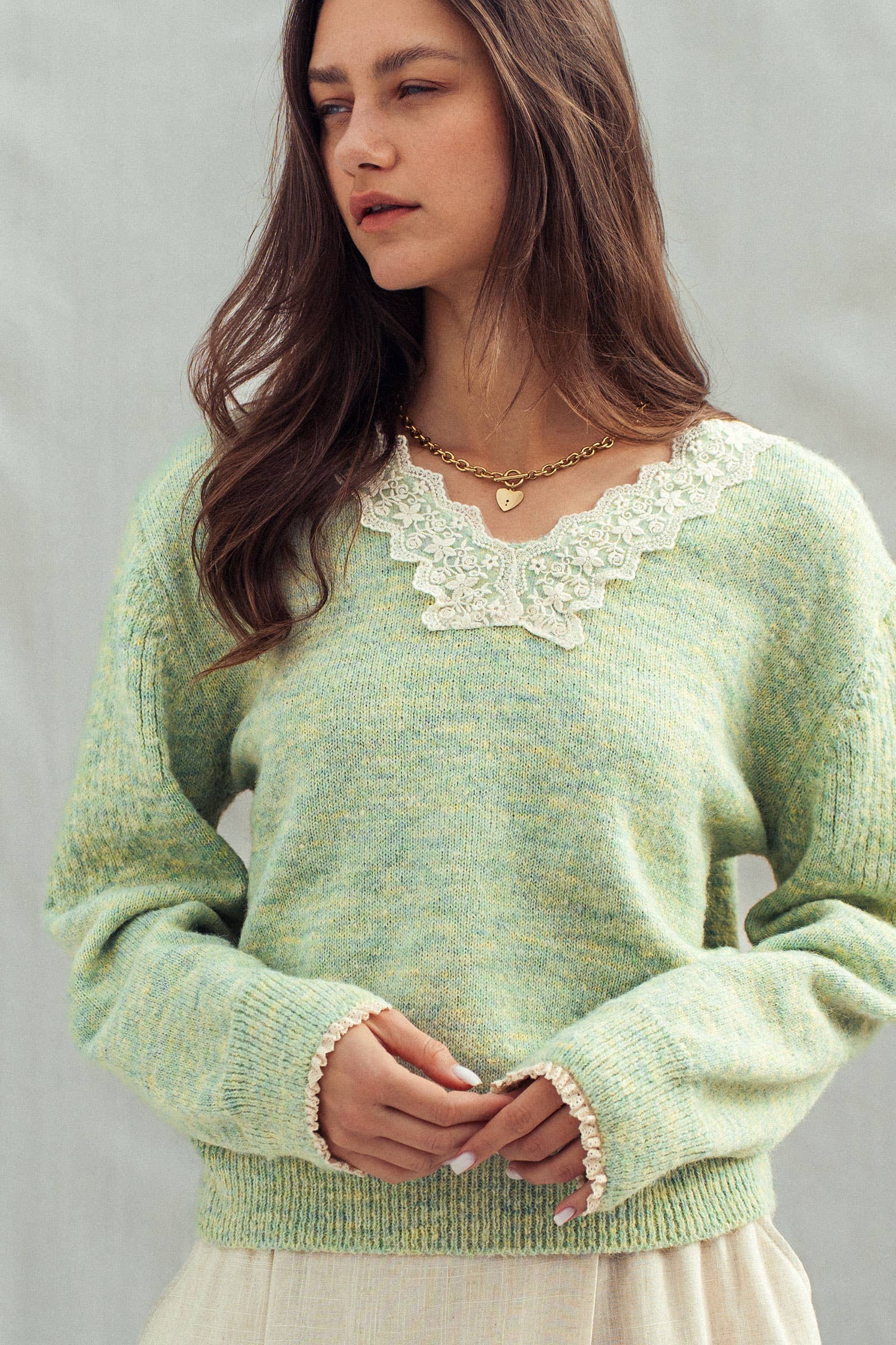 Lace Trim V-Neck Heathered Knit Sweater