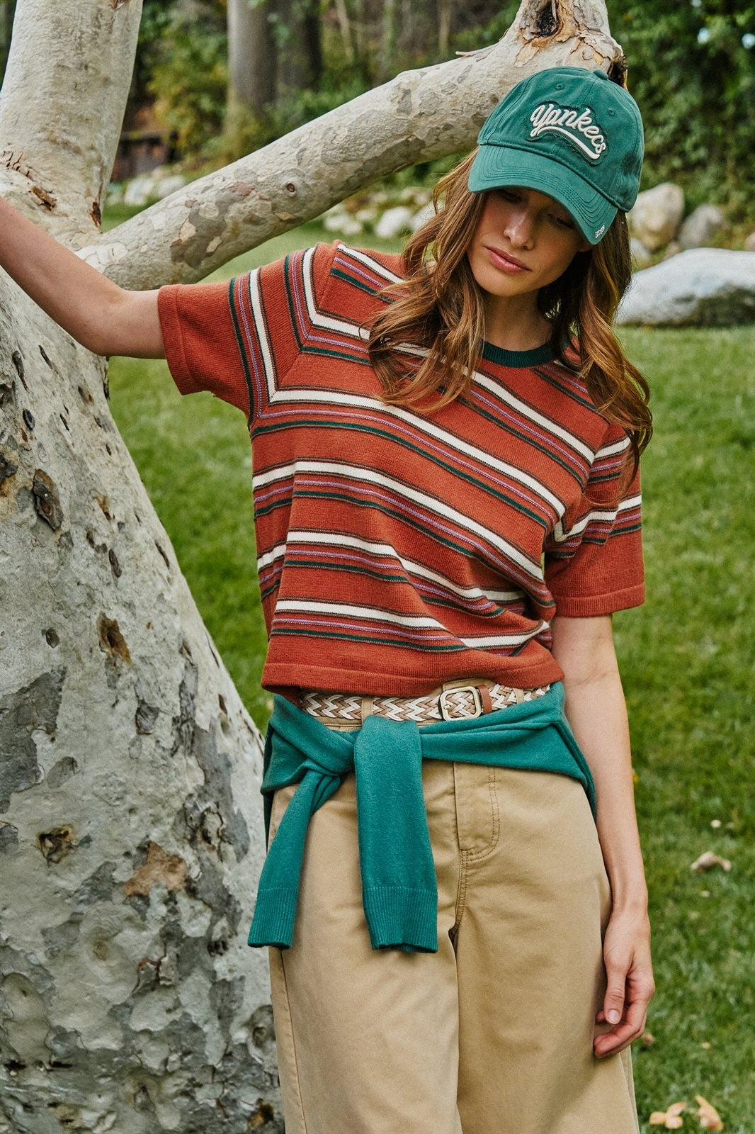 Striped Knit Tee Vintage 70s Retro Boho Coastal Top for Wome in RUST - Women's T-Shirts & Polos | Urban Daizy