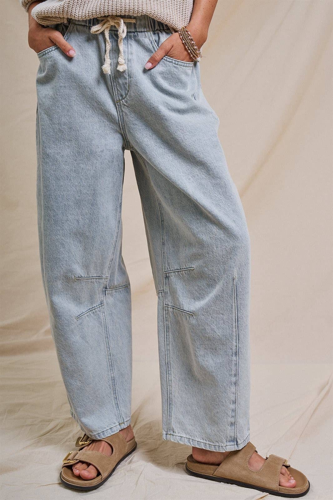 Urban Daizy Relaxed Drawstring Barrel Denim Pants Lt-Denim Jeans - Women's (UDTP1477-Lt-Denim)