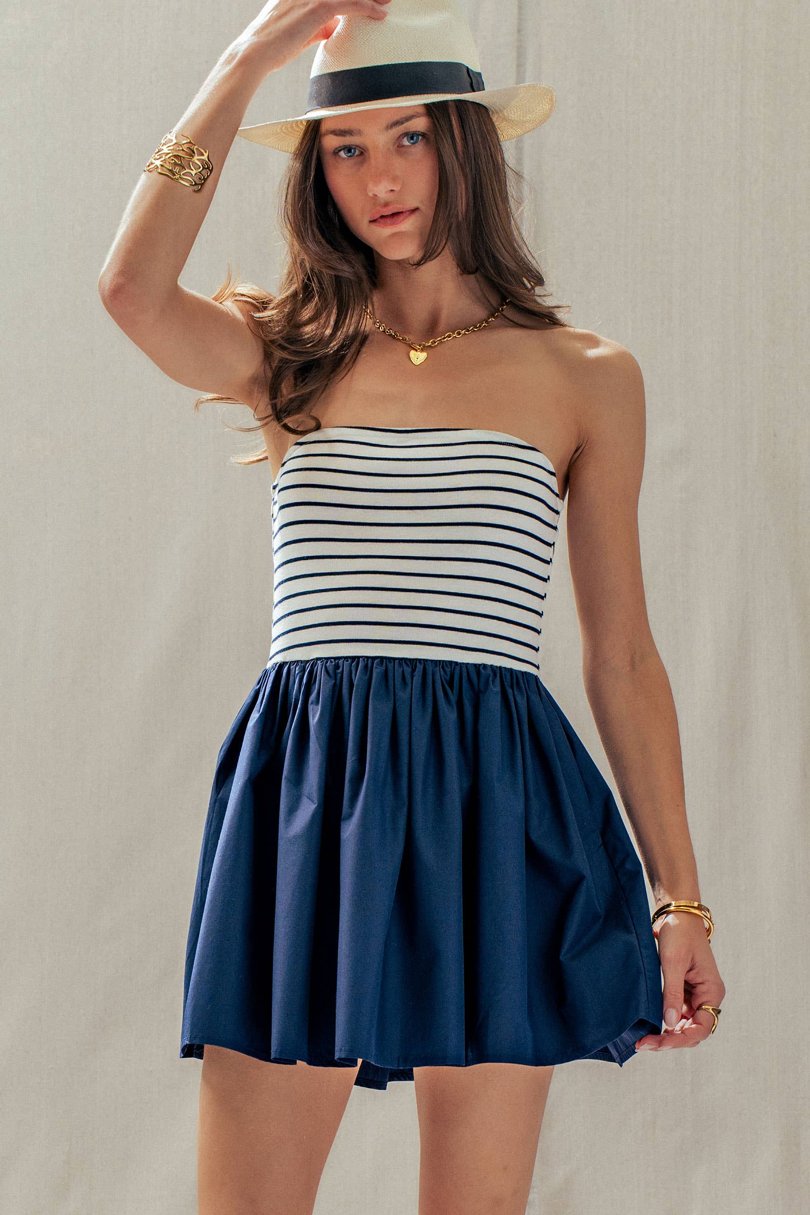 Urban Daizy Mixed Media Strapless Knit & Poplin Mini Dress Ivory-Blue Dress - Women's (UDDR0336-Ivory-Blue) – alternate view 4