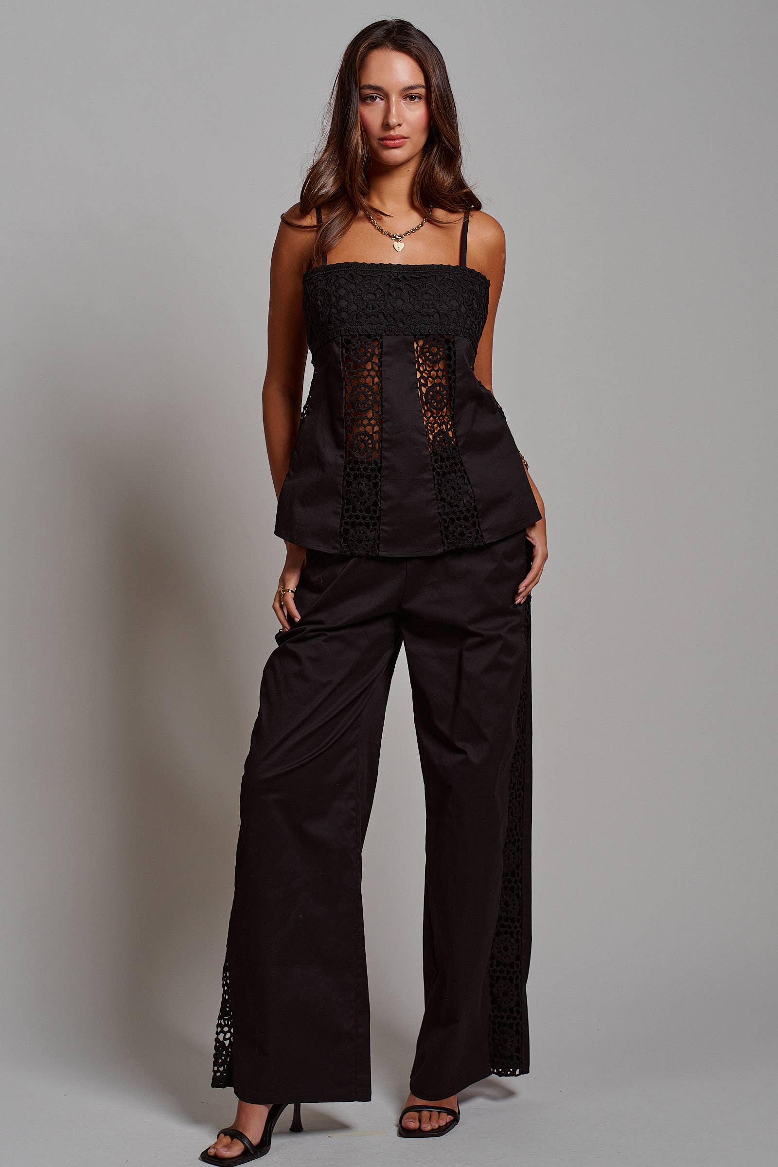 Cotton Eyelet Two-Piece Set Peplum Cami & Pants
