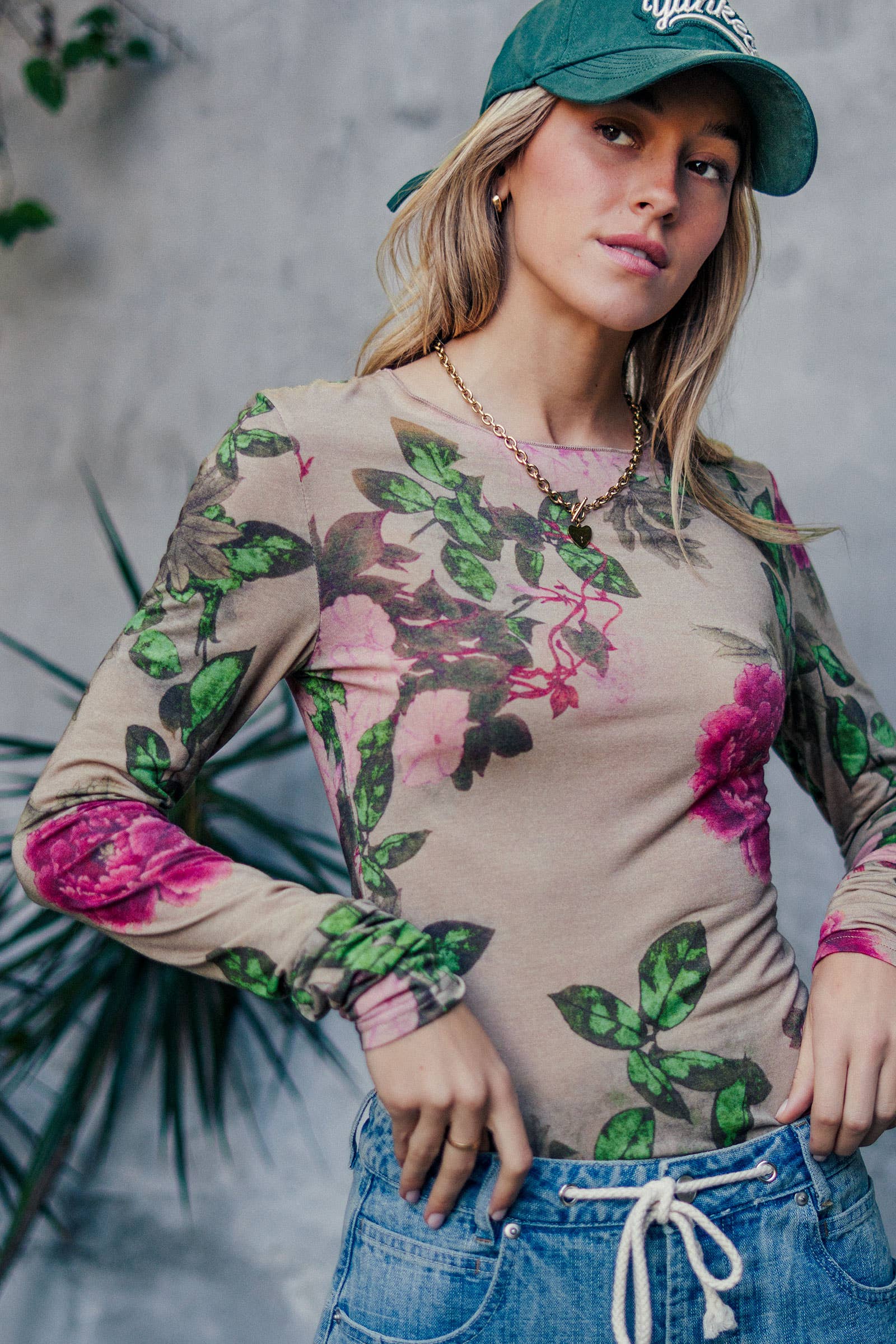 Urban Daizy Vintage Floral Long Sleeve Top Tencel Wool Blend Teal-Multi Knit Top - Women's (UDZ-TP-01043) – alternate view 3