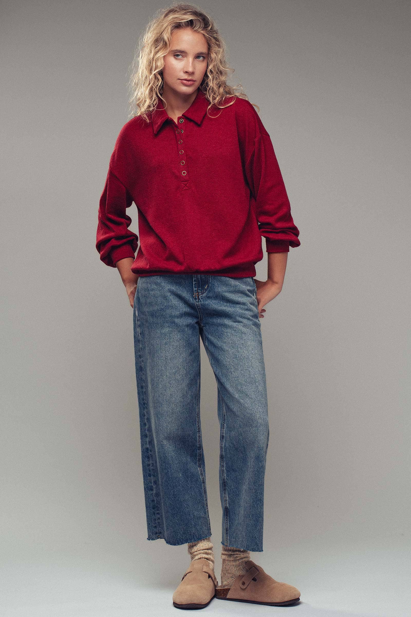 Urban Daizy Waffle Knit Collared Snap Placket Pullover Deep-Red Sweatshirt - Women's (UDZ-KN-00656) – alternate view 9