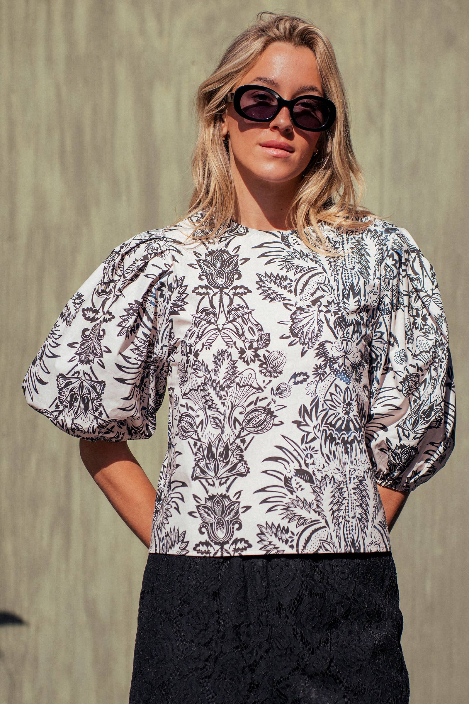Urban Daizy Cotton Floral Puff Sleeve Top Ivory-Black Blouse - Women's (UDZ-TP-01045)