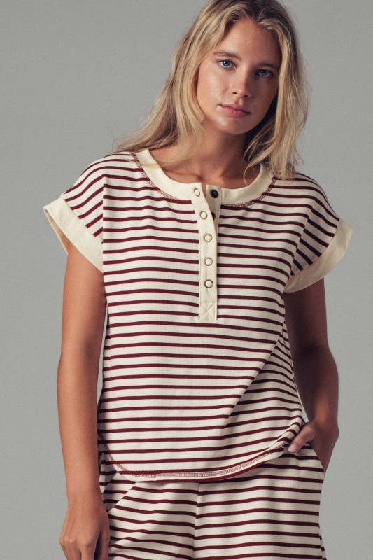 Striped Henley Button-Up Western Top