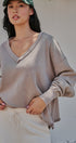 Relaxed Vintage V-Neck Oversized Sweatshirt in MOCHA MOUSSE - Women's Sweatshirts & Hoodies | Urban Daizy