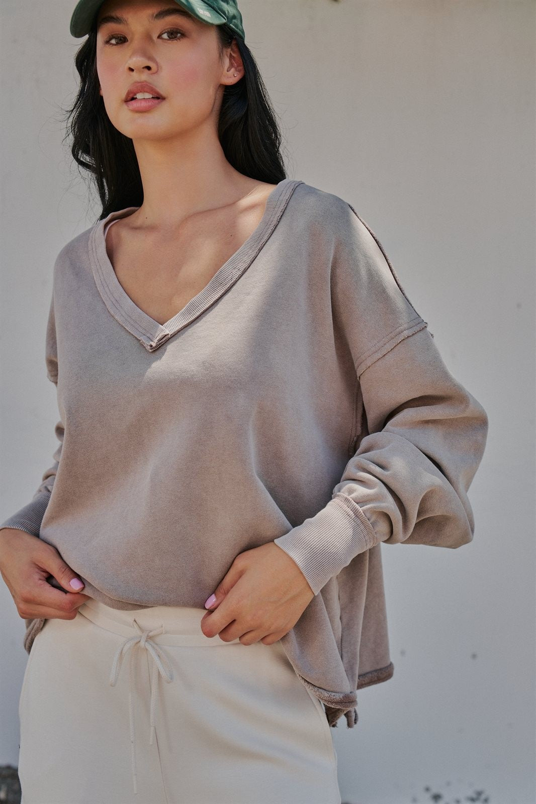 Relaxed Vintage V-Neck Oversized Sweatshirt in MOCHA MOUSSE - Women's Sweatshirts & Hoodies | Urban Daizy