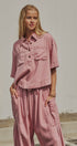 Washed Utility Half-Placket Cropped Shirt in PINK - Women's Shirts & Blouses | Urban Daizy