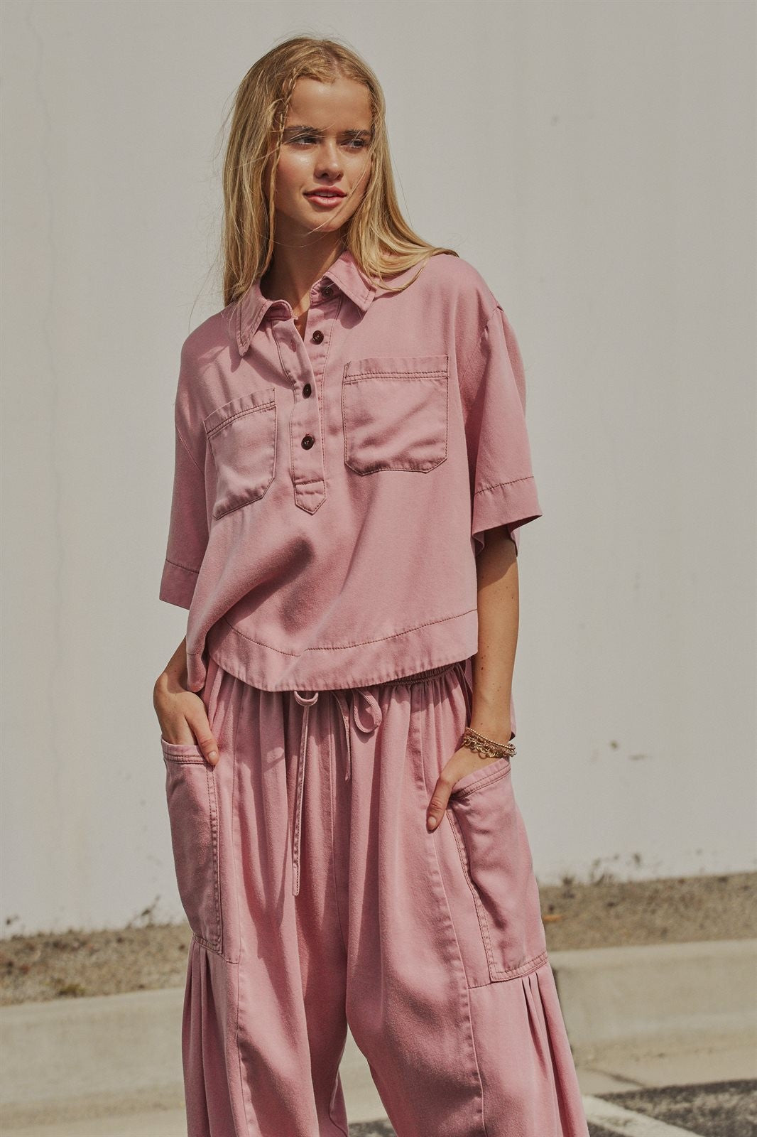 Washed Utility Half-Placket Cropped Shirt in PINK - Women's Shirts & Blouses | Urban Daizy
