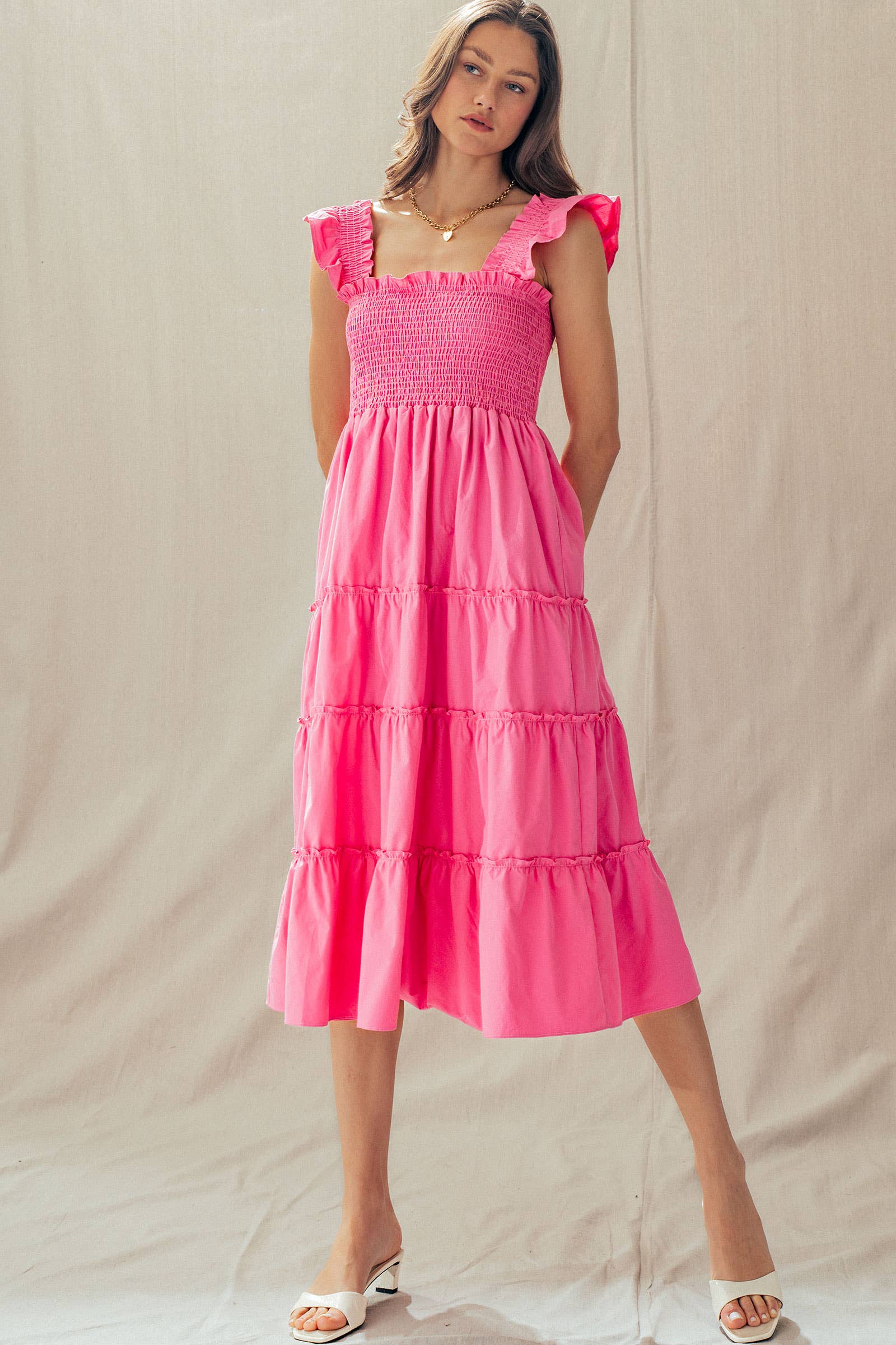 Cotton Smocked Tiered Midi Dress
