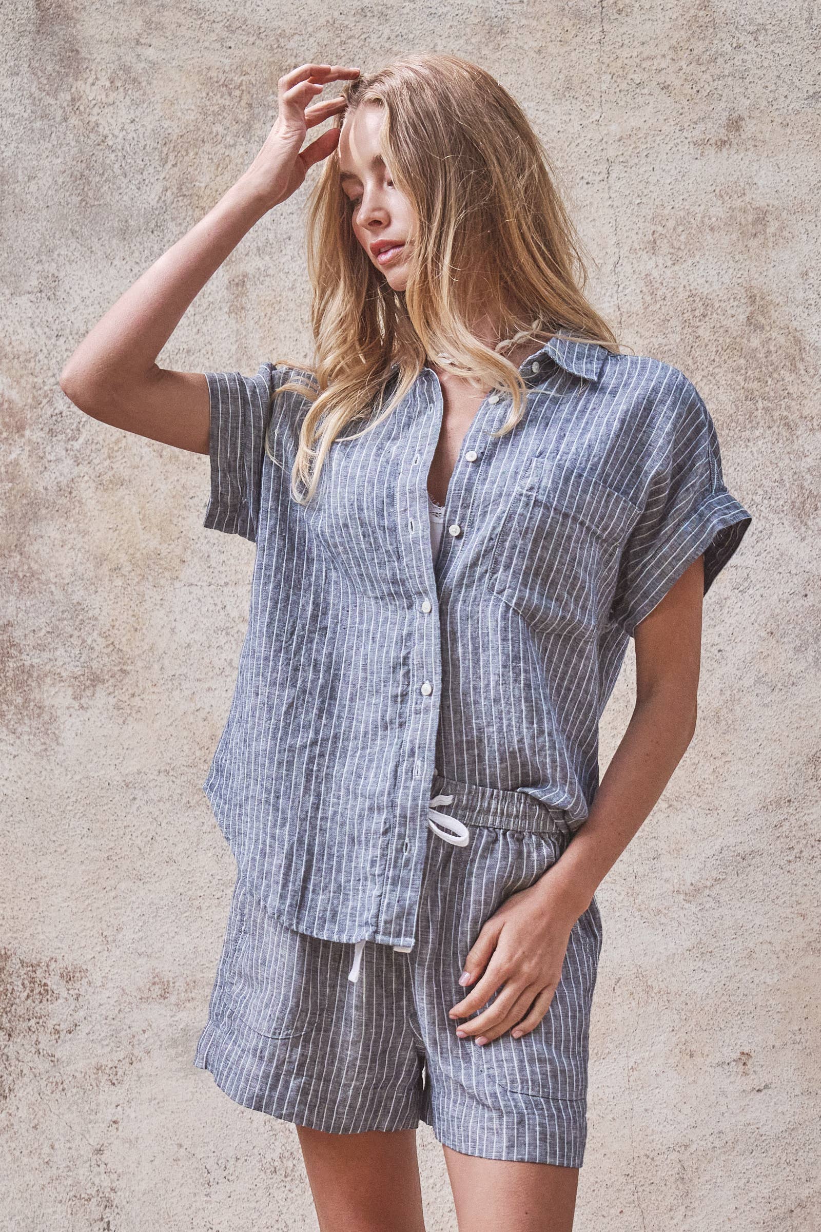 Urban Daizy Striped Linen Short Sleeve Button-Down Shirt White Blouse - Women's (UDTP1453-White) – alternate view 4