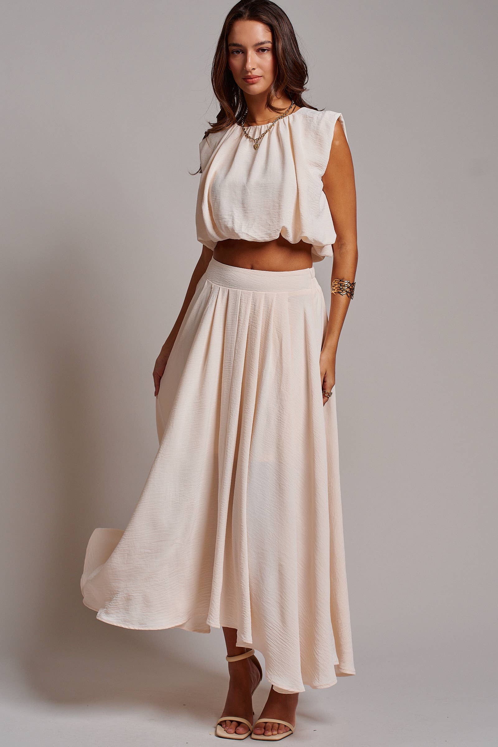 High-Waist Pleated High-Low Maxi Skirt