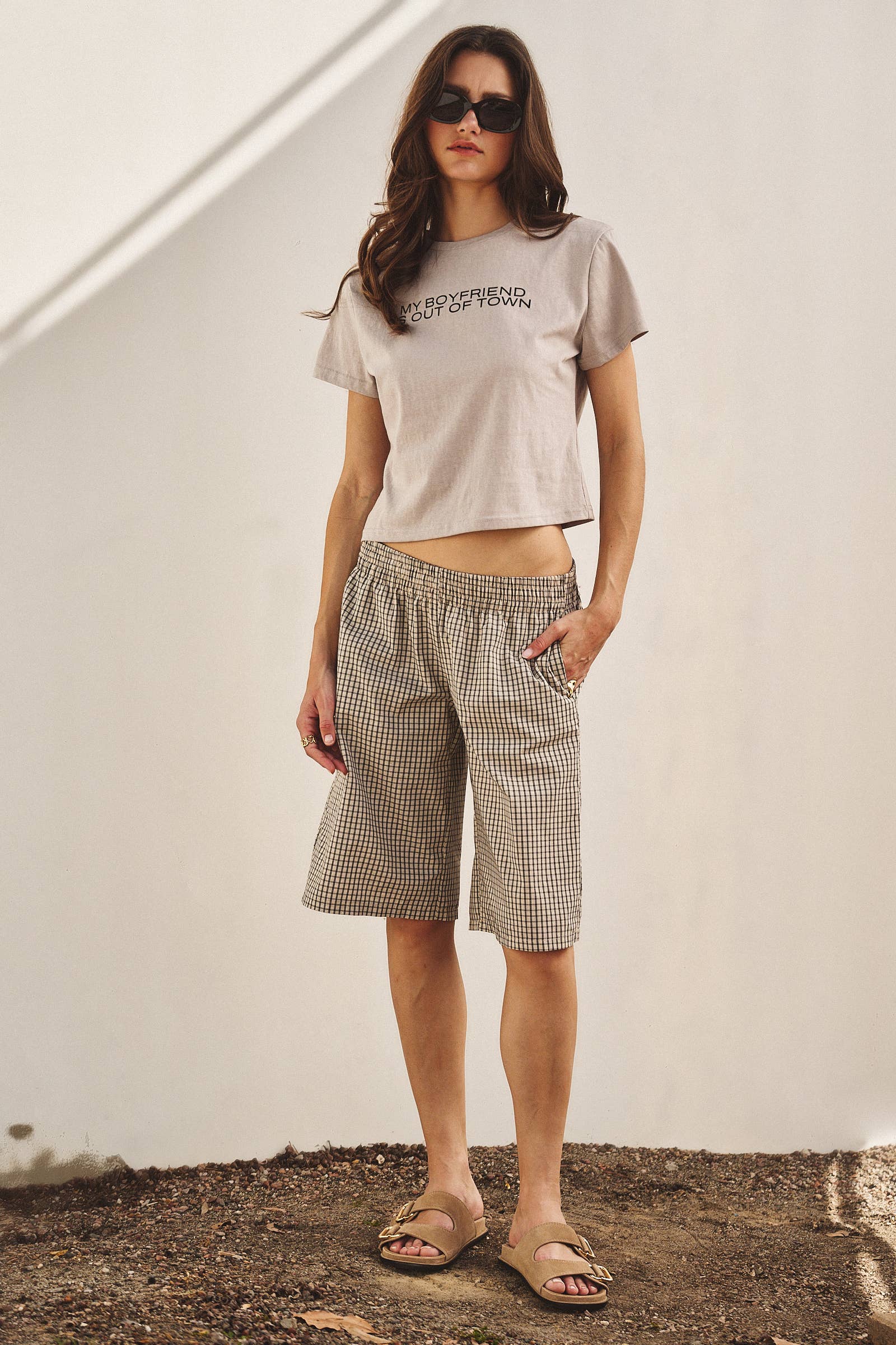 Urban Daizy Classic Check Print Elastic Bermuda Shorts Cream Shorts - Women's (UDPT0174-Cream) – alternate view 11