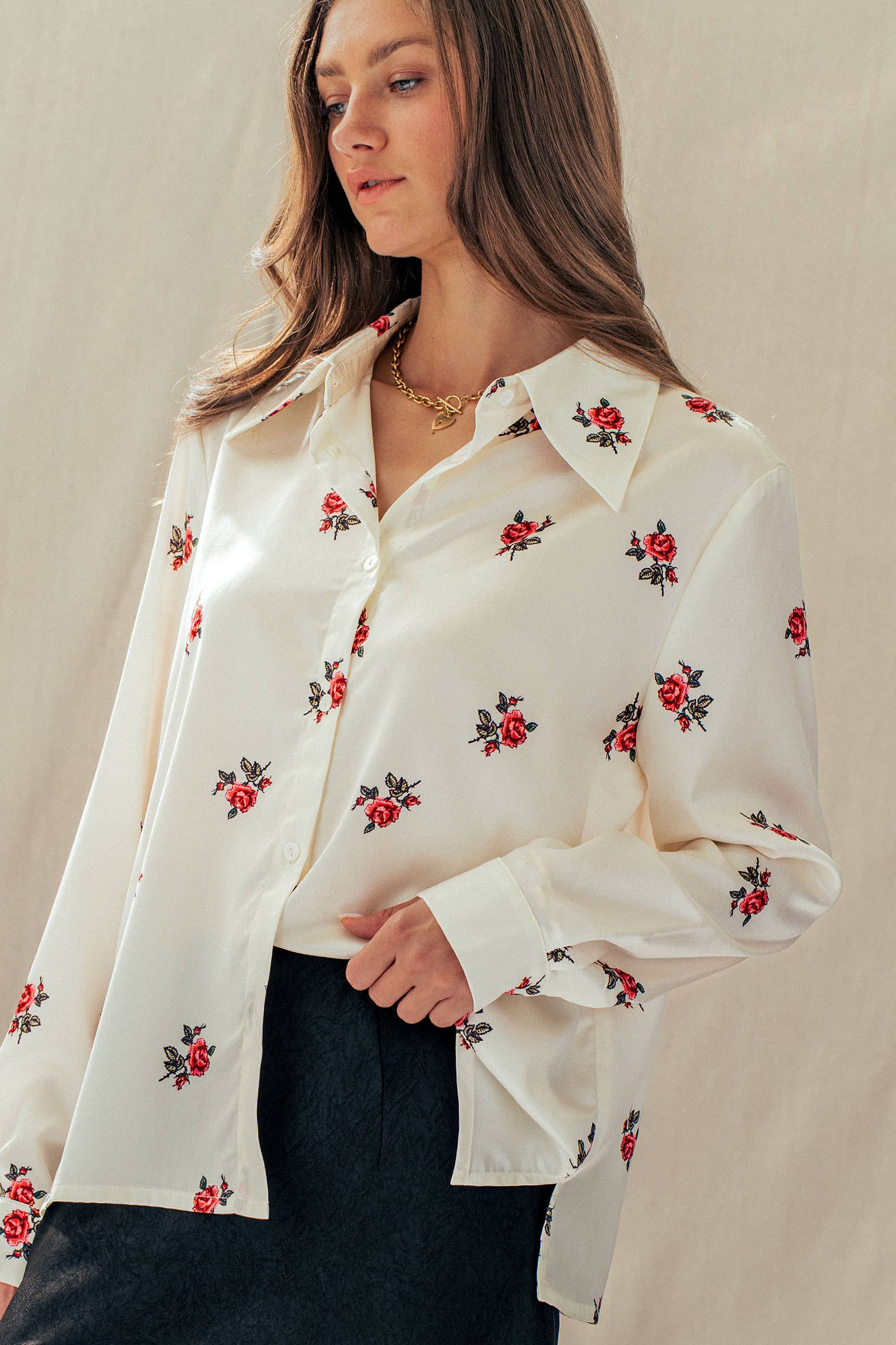 Rose Print Satin Button-Up Blouse