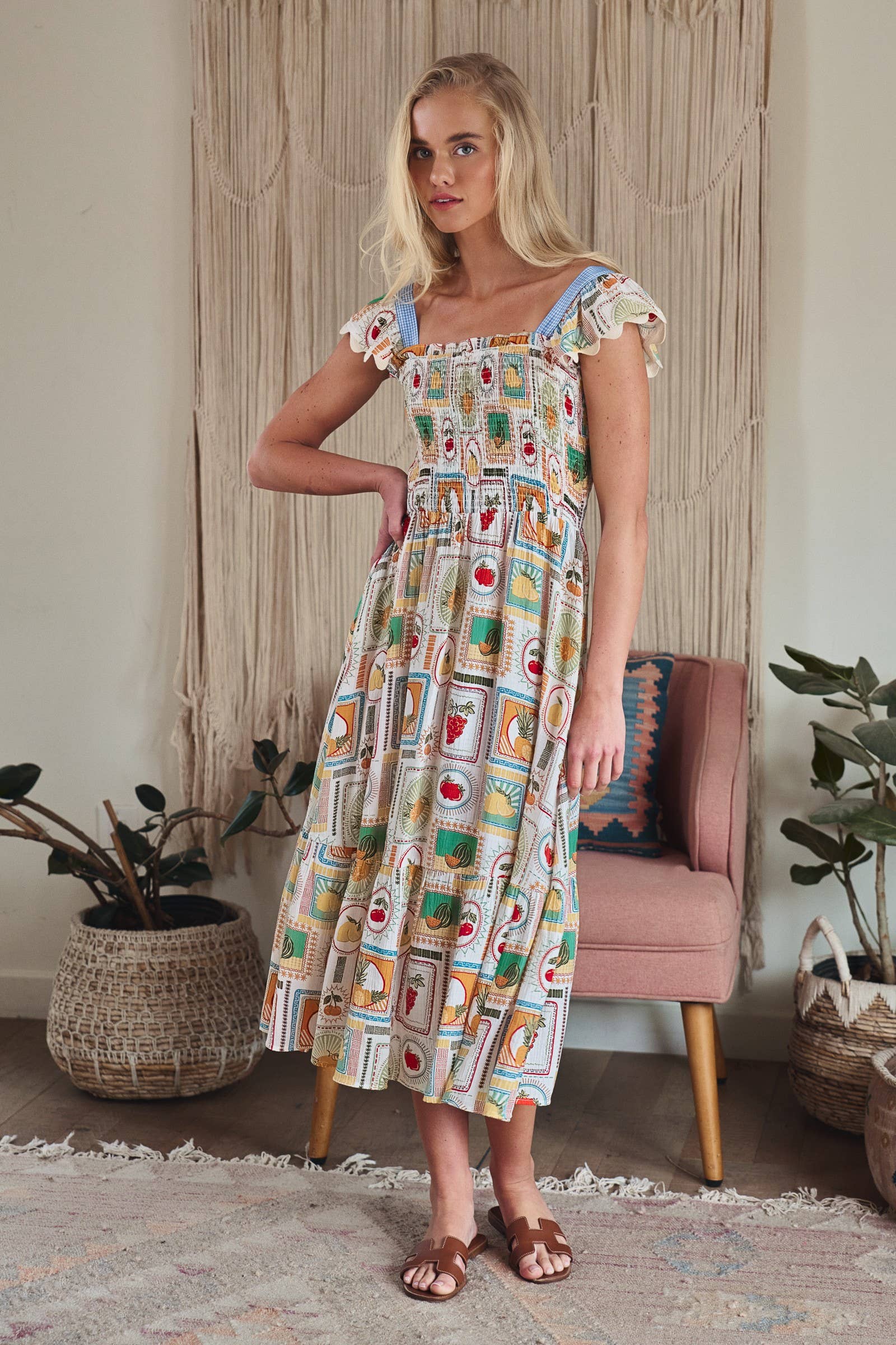 Novelty Stamp Print Smocked Midi Dress