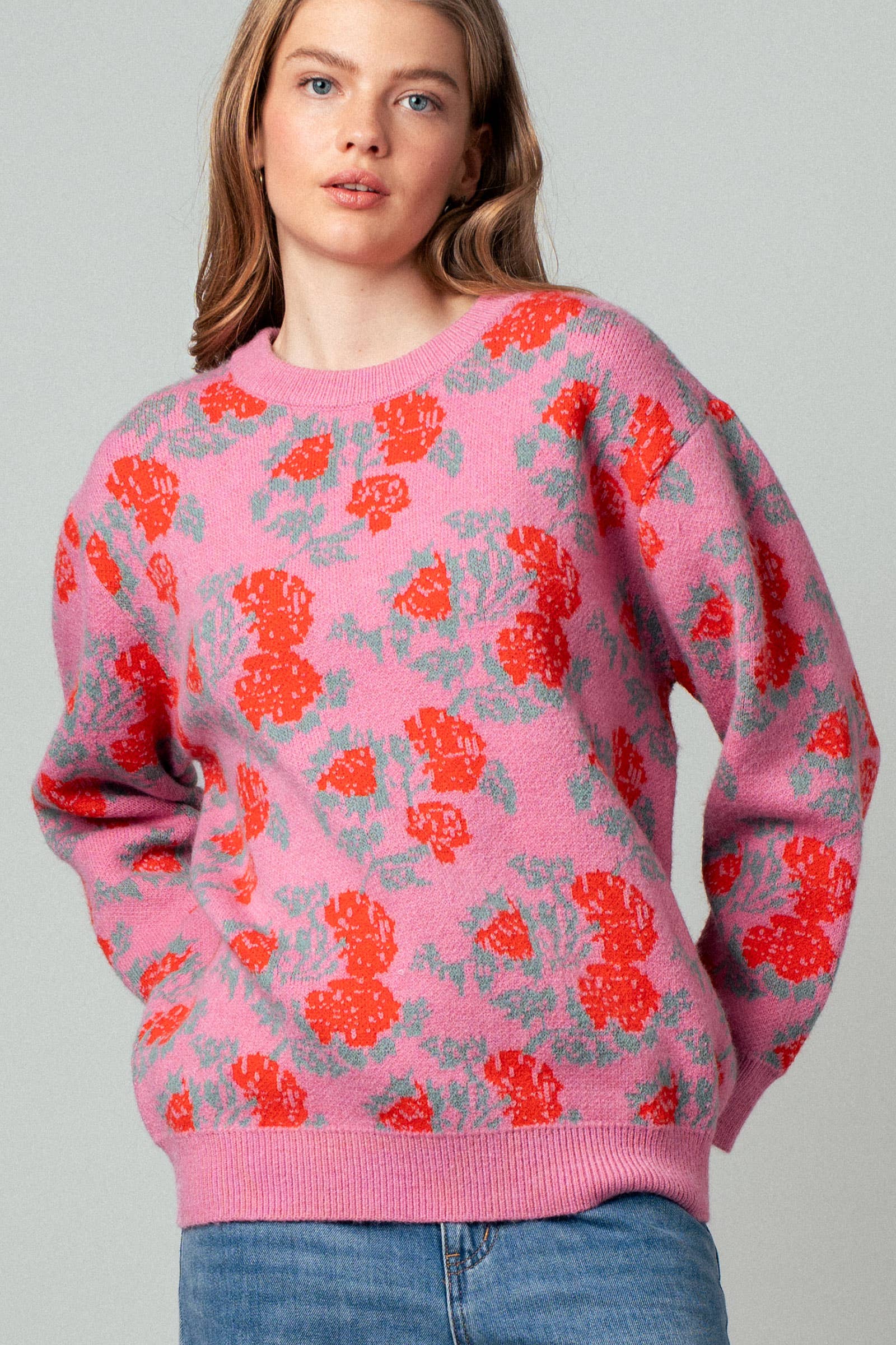 Urban Daizy Oversized Floral Jacquard Knit Sweater Pink-Red Knit Sweater - Women's (UDZ-DR-00392) ��� alternate 