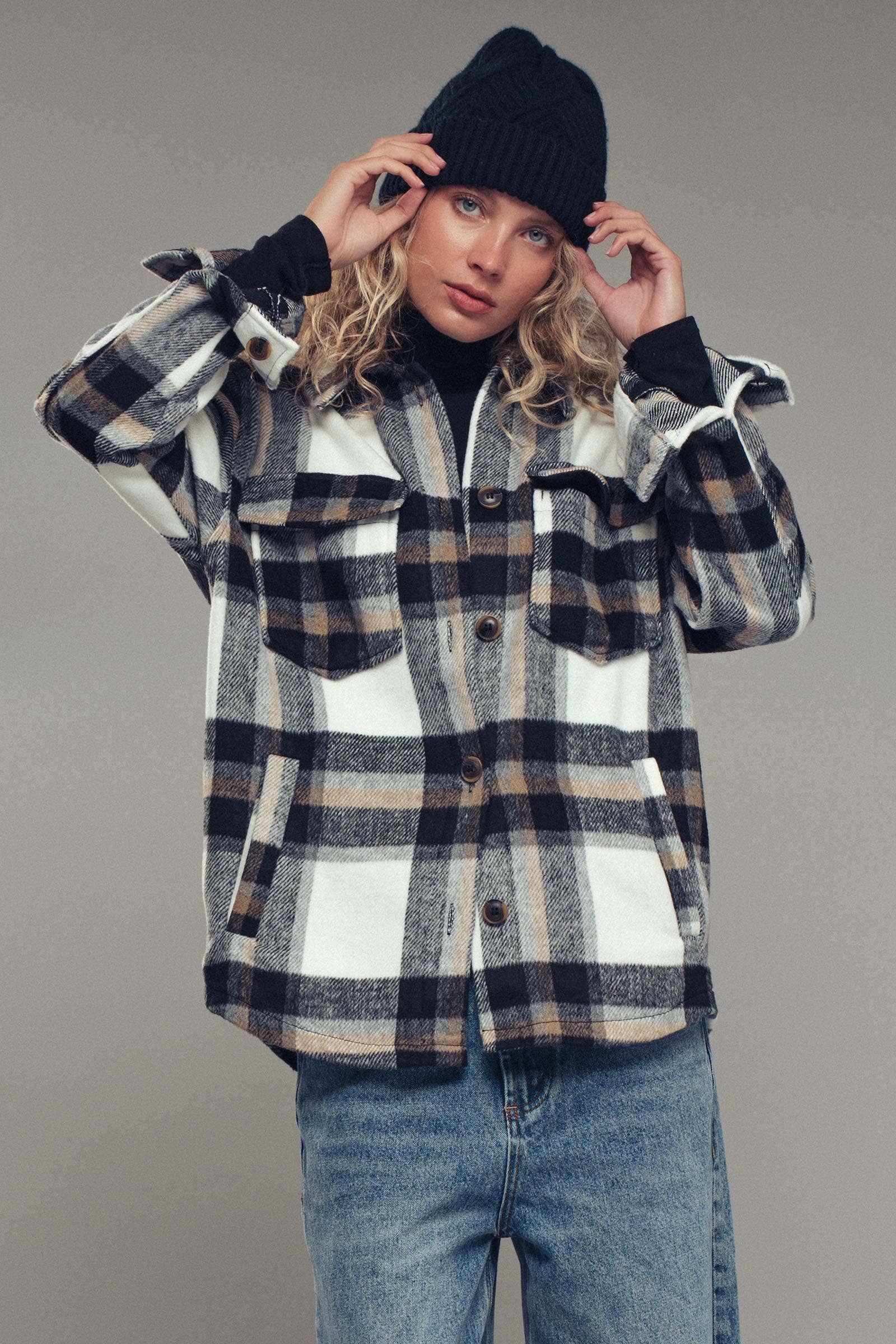 Urban Daizy Plaid Button-Down Jacket Black Shirt Jacket Shacket - Women's (UDZ-OT-00051) – alternate view 8