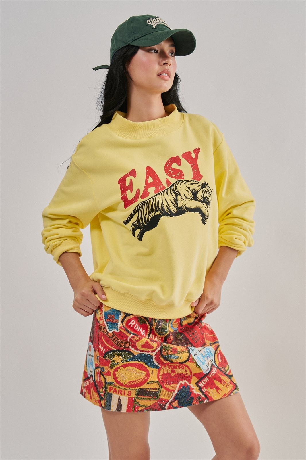 Easy Tiger Graphic Mock Neck Sweatshirt Brushed French Terry in YELLOW - Women's Sweatshirts & Hoodies | Urban Daizy